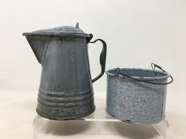 Gray Graniteware Pitcher & Miniature Bucket