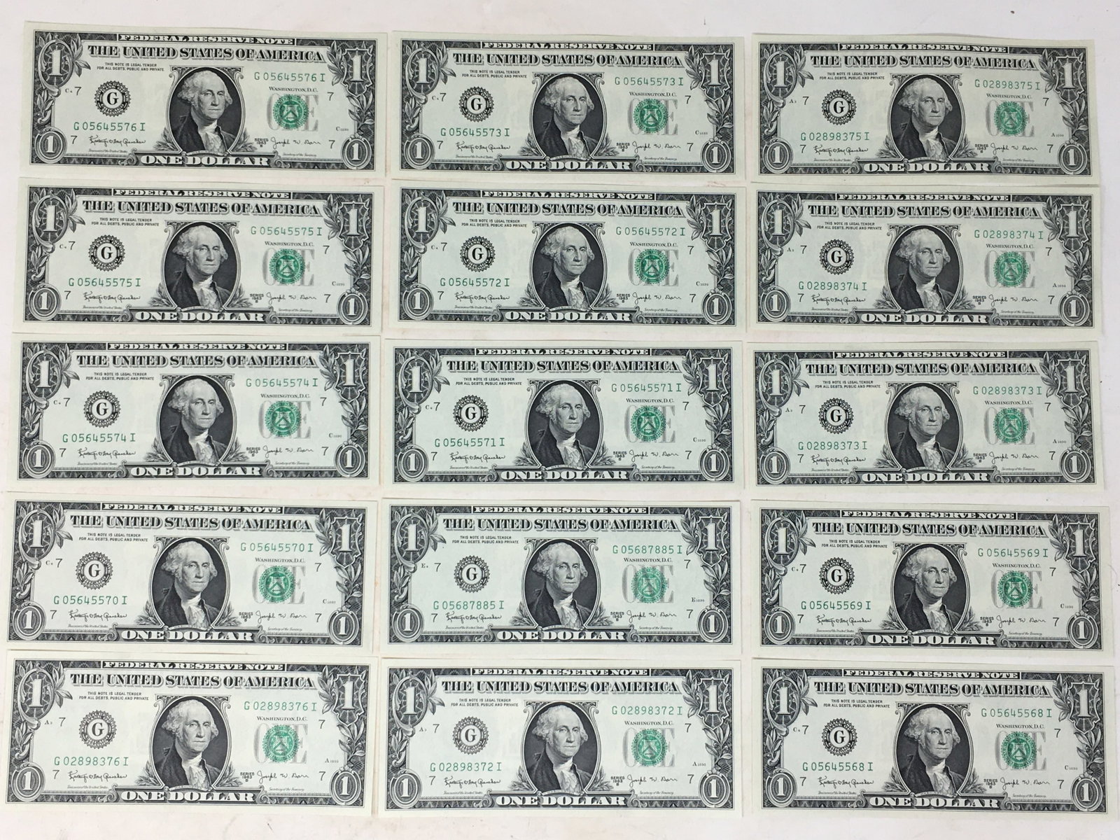 (15) Uncirculated 1963 $1 Barr Notes: (15) Uncirculated 1963 $1 Barr Notes Ser. #G 05645568 I through #G 05645576 I, and #G 02898372 I through #G 02898376 I, and #G 05687885 I