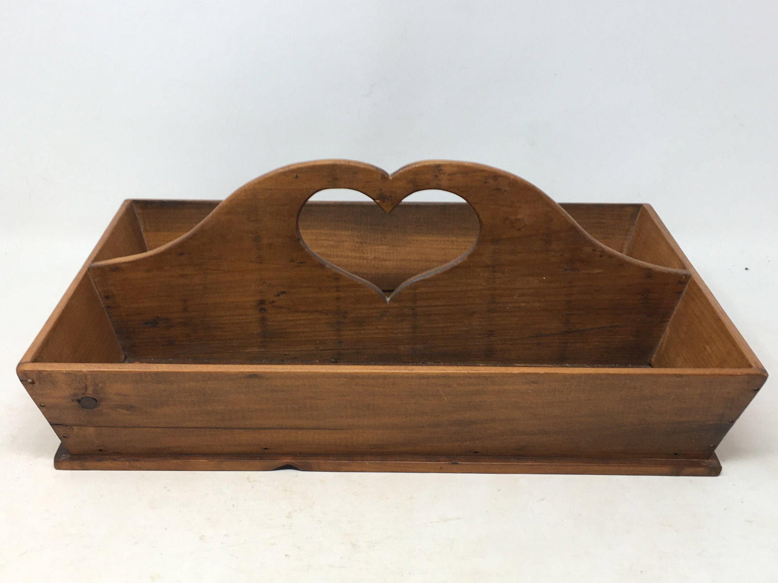 Divided Wooden Cutlery Box: Divided Wooden Cutlery or Utensil Box with Heart Cut-out Handle, 2 sections. 14.25"L x 9.25"W x 5.25"H