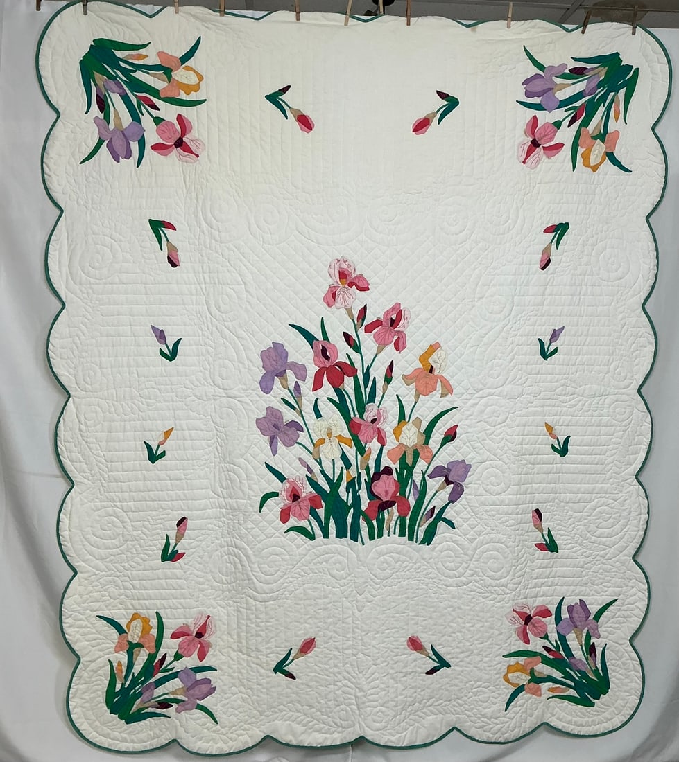 Iris Applique Quilt: Antique Applique Iris Garden Quilt, hand stitched & quilted with embroidered details on irises. Scalloped border 75"W x 90"L