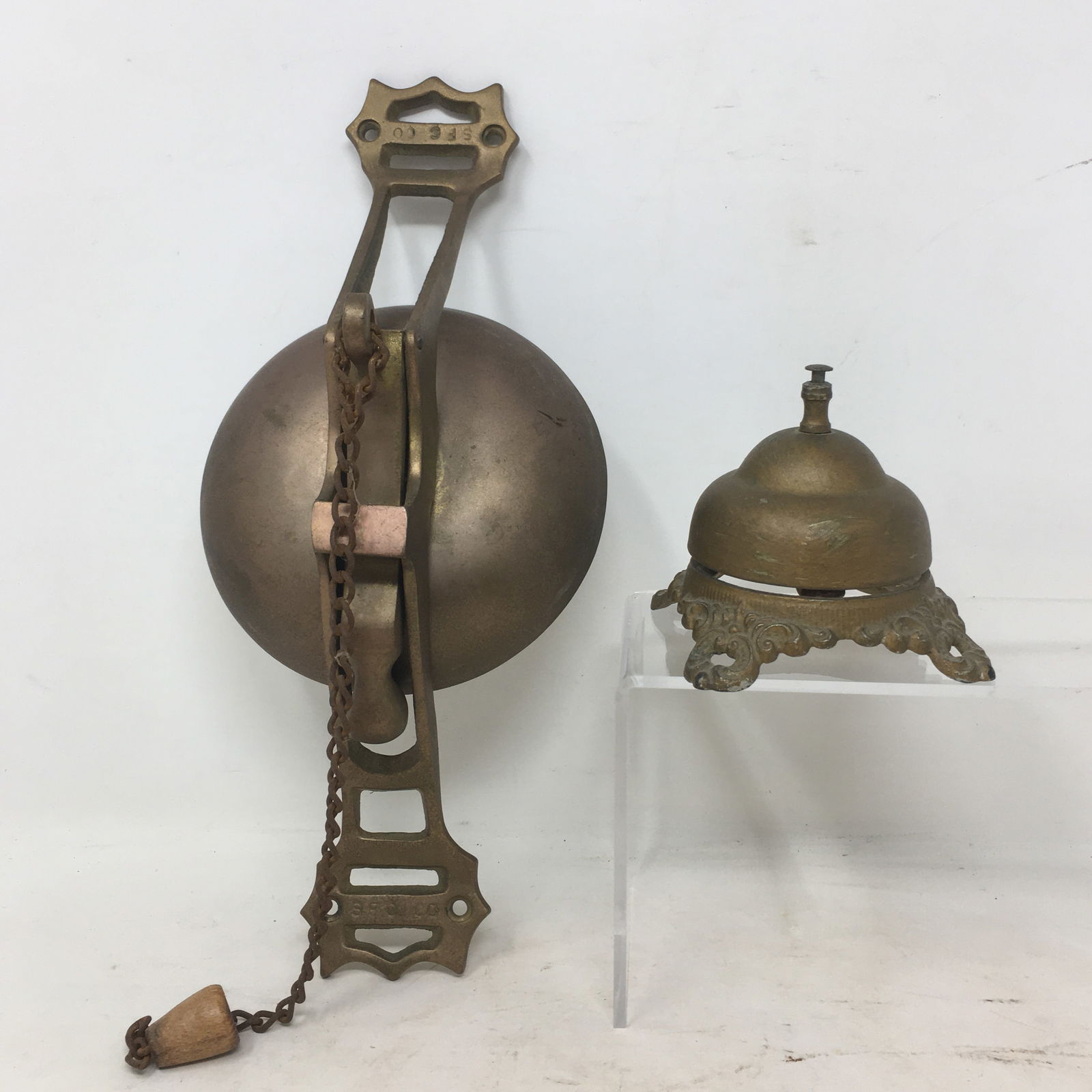 Brass Shopkeeper's Door Bell, Counter Bell: Brass Shopkeeper's Door Bell, Counter Bell. 1) Door Mount Bell with chain pull clapper, 11"L x 4.75"W x 3.5"D. 2) Countertop or Desk Bell, 3" x 3" x 2.5"H.