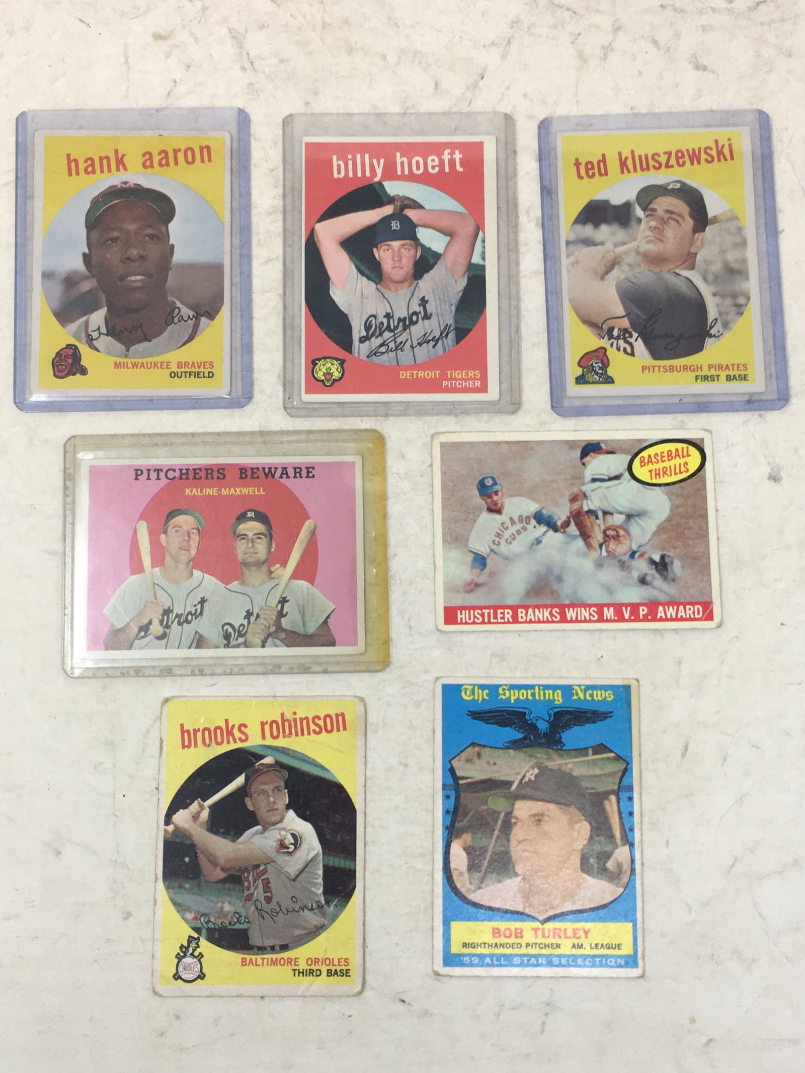 (7) 1959 Topps Baseball Cards, Incl. Hank Aaron: (7) 1959 Topps Baseball Cards, Incl. Hank Aaron #380 & Pitchers Beware (Kaline-Maxwell) #34