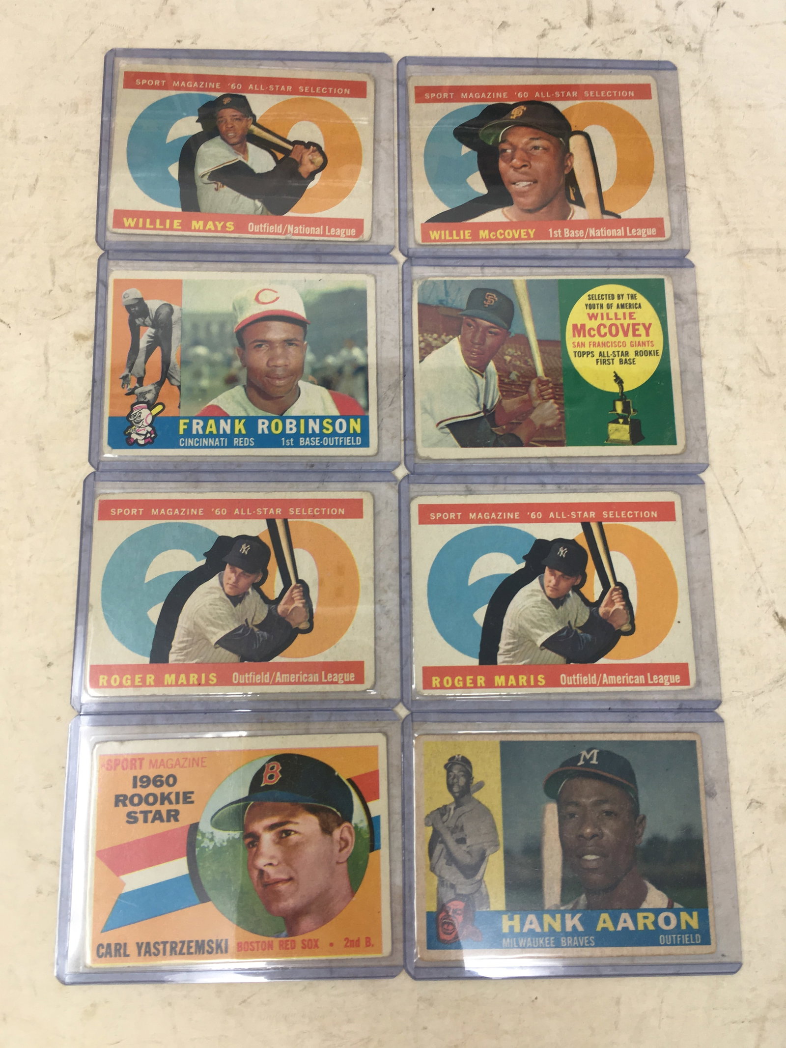 (24) 1960 Topps Baseball Cards: (24) 1960 Topps Baseball Cards, Incl. 1960 Carl Yastrzemski (Rookie Star) #148, Creased; Hank Aaron #300, light creasing and loss on back; Willie McCovey #316 and #554, Willie Mays #564, (2) Roger Mar