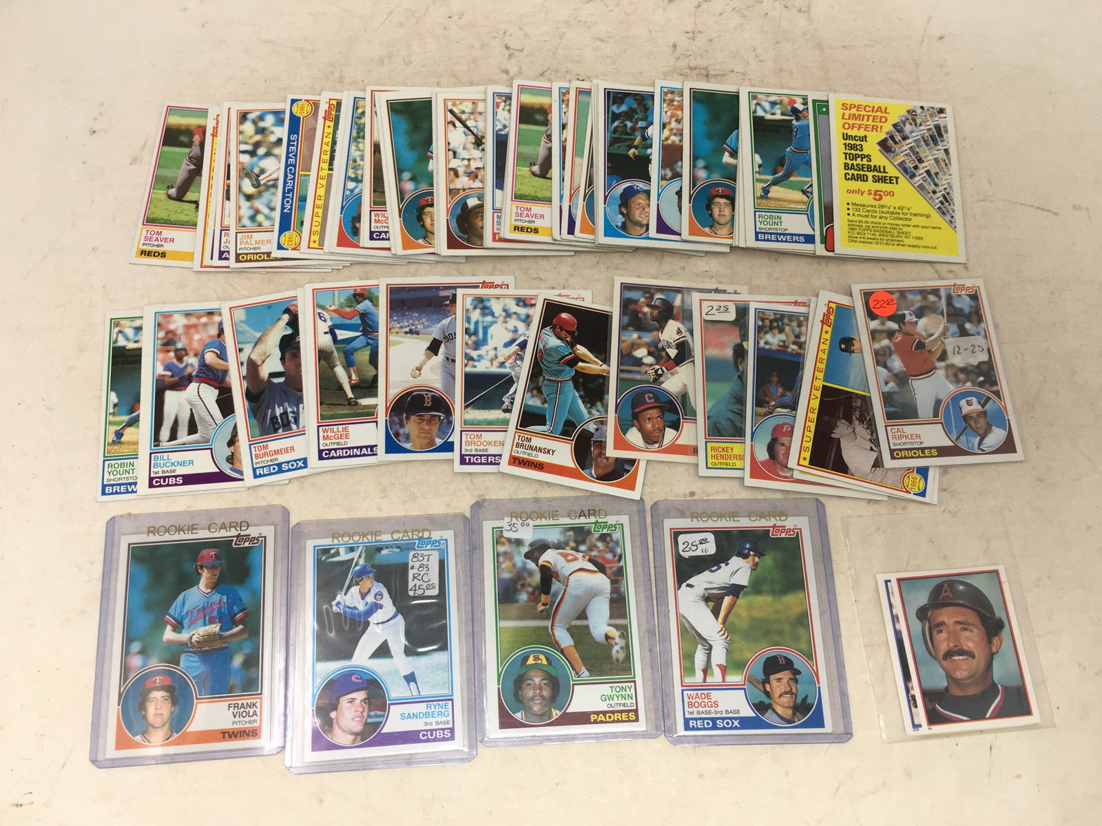 (61) 1983 Topps Baseball Cards: (61) 1983 Topps Baseball Cards, Incl. Ryne Sandberg, Tony Gwynn & Wade Boggs Rookie Cards, (6) 1983 Stickers