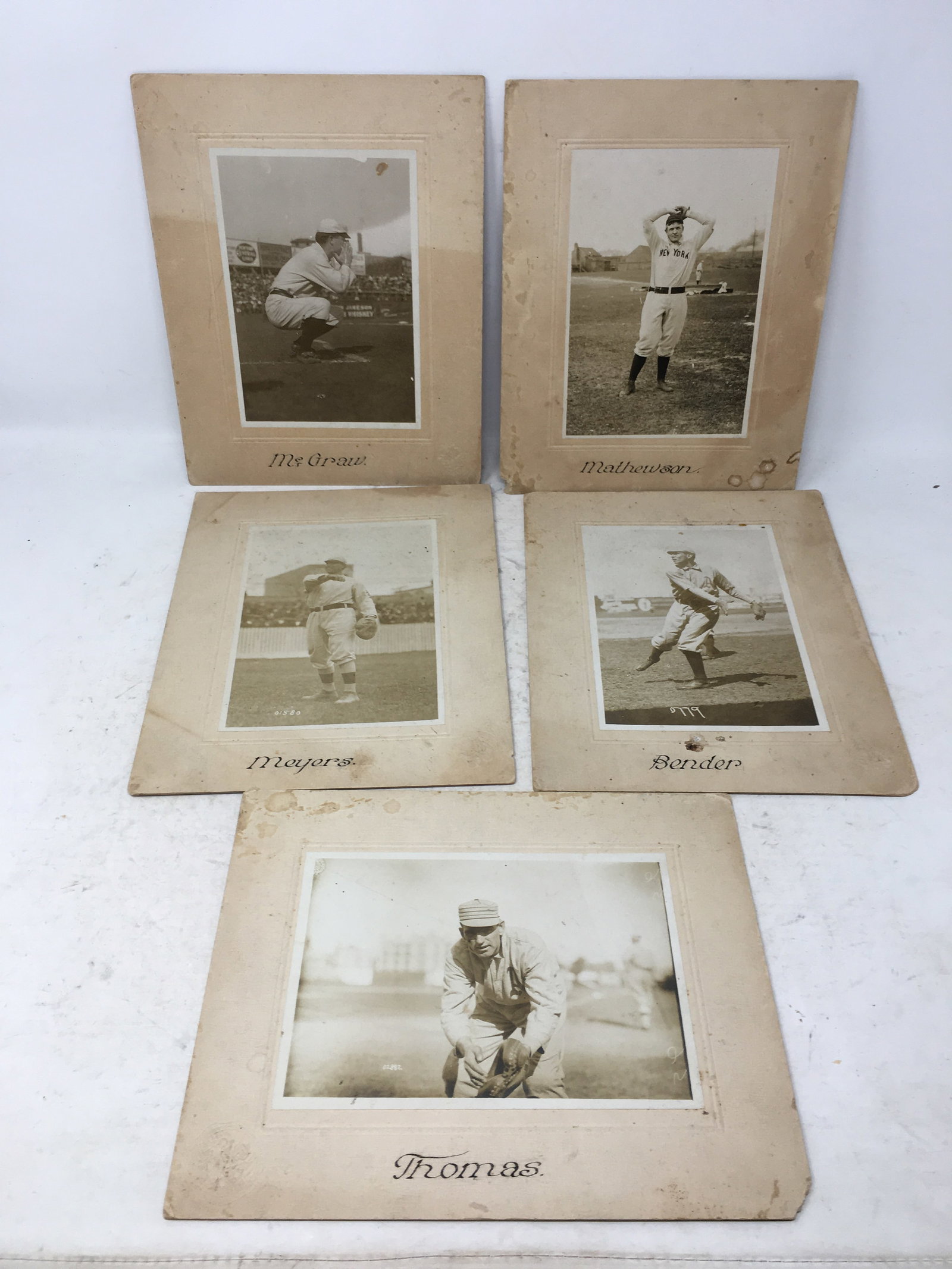 (5) Early 1900s Baseball Player Photographs: (5) Early 1900s MLB Player Photographs by The Pictorial News Co., New York City. "Chief" Charles Bender, Philadelphia Athletics pitcher; Ira Thomas, Philadelphia Athletics catcher; Christy Mathewson, 