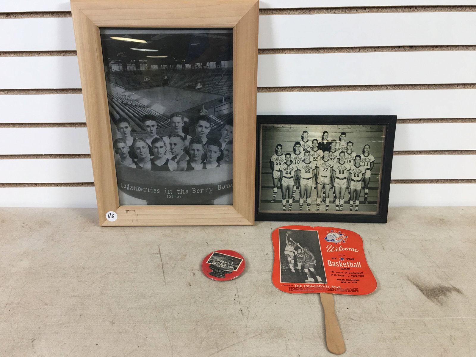(2) Indiana High School Basketball Prints, 1959 Indiana All Star Game Fan: (2) Indiana High School Basketball prints. Galveston High School Basketball Team Photo Reprint. 8x10. Logansport Indiana "Loganberries in the Berry Bowl, 1926-27 framed print, with pin, "Final Game