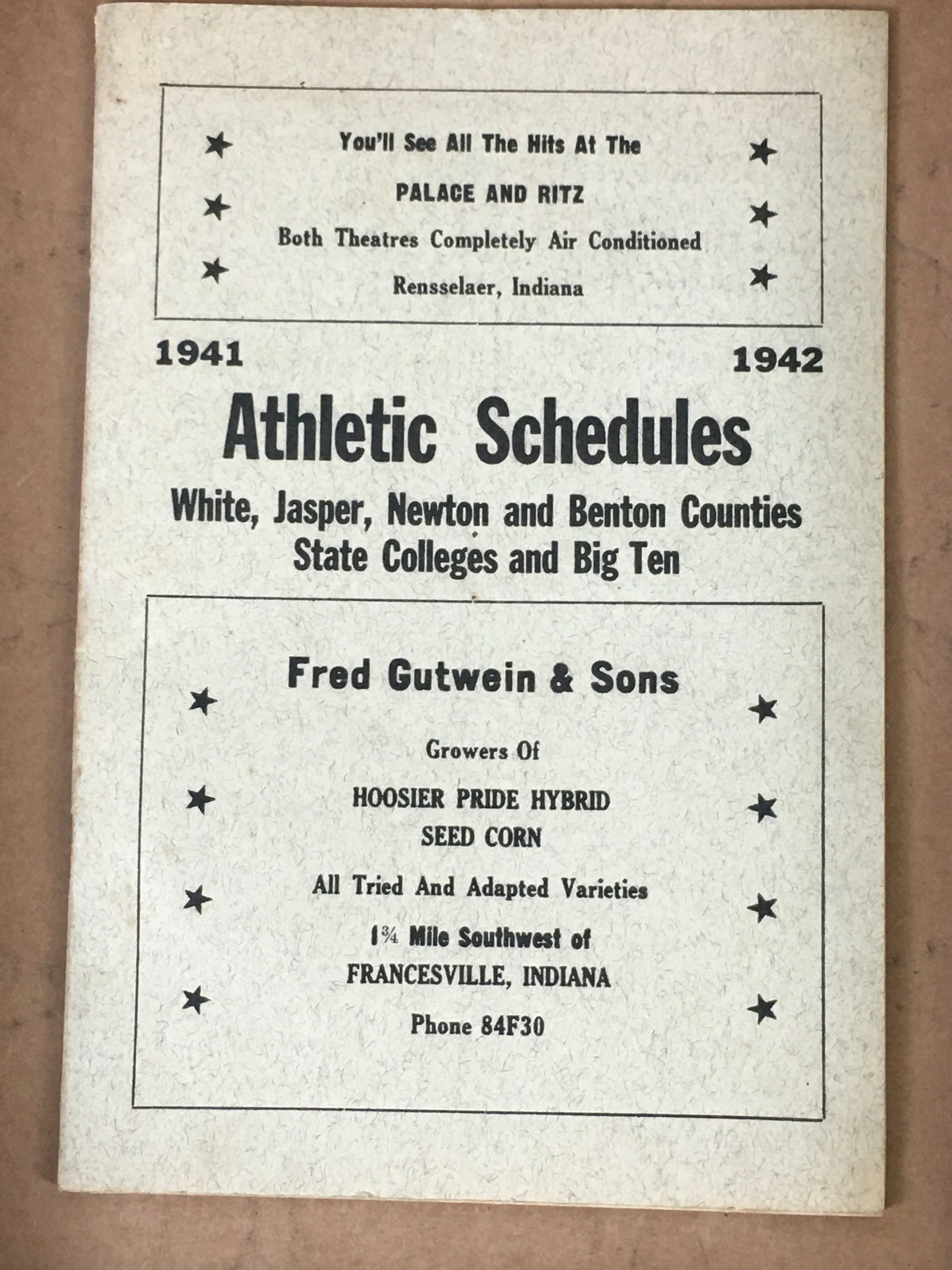 1941-1942 Athletic Schedules, Football & Basketball, Indiana Counties, State Colleges, and Big Ten: 1941-1942 Athletic Schedules, Football & Basketball, Indiana Counties (White, Jasper, Newton, Benton), State Colleges, Big Ten and Professional Football. With local Indiana business advertising.