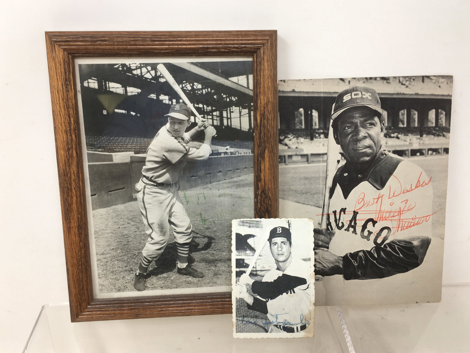 (3) Autographed Baseball Photos: (3) Autographed Baseball Photos. 1) "Best Wishes, Minnie Minoso"; 2) Carl Yastrzemski, Topps, No. 4 of 33 photos; 3) "Best Wishes, Stan Musial". Minoso & Musial photos are 5"x7".