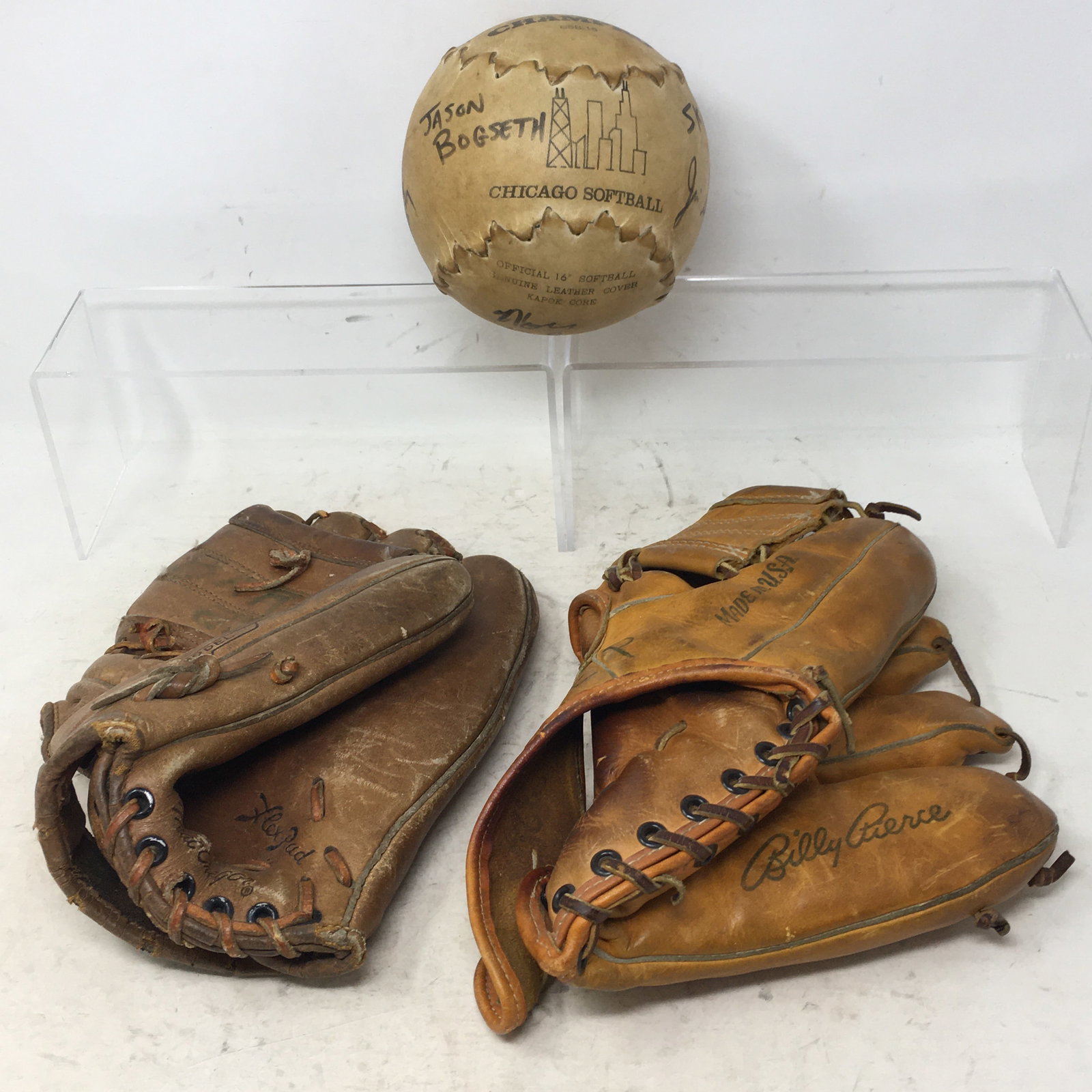 Vintage Chicago Softball, Catcher's Mitts: Vintage Chicago Softball, 16" Champro, Leather Cover, Kapok Core. Catcher's Mitts incl. Pete Rose #360 MacGregor Personal Model & Billy Pierce J.C. Higgins #28, 1686. Both mitts marked with initials.