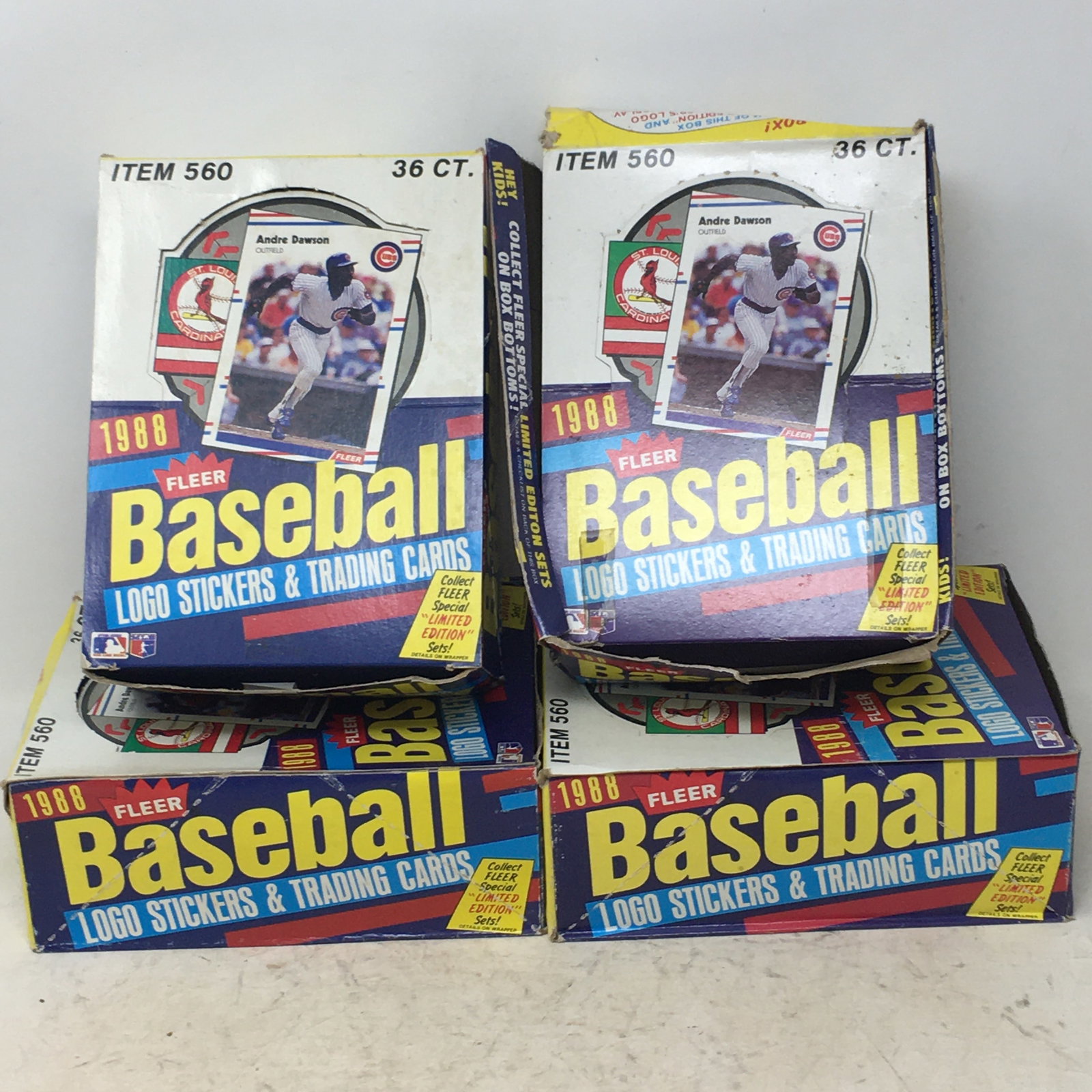 1988 Fleer Baseball Logo Stickers & Trading Cards, (4) Boxes: 1988 Fleer Baseball Logo Stickers & Trading Cards, (3) Full Boxes, 36 Sealed Wax Packs/Box. 4th Box has (21) sealed wax packs.