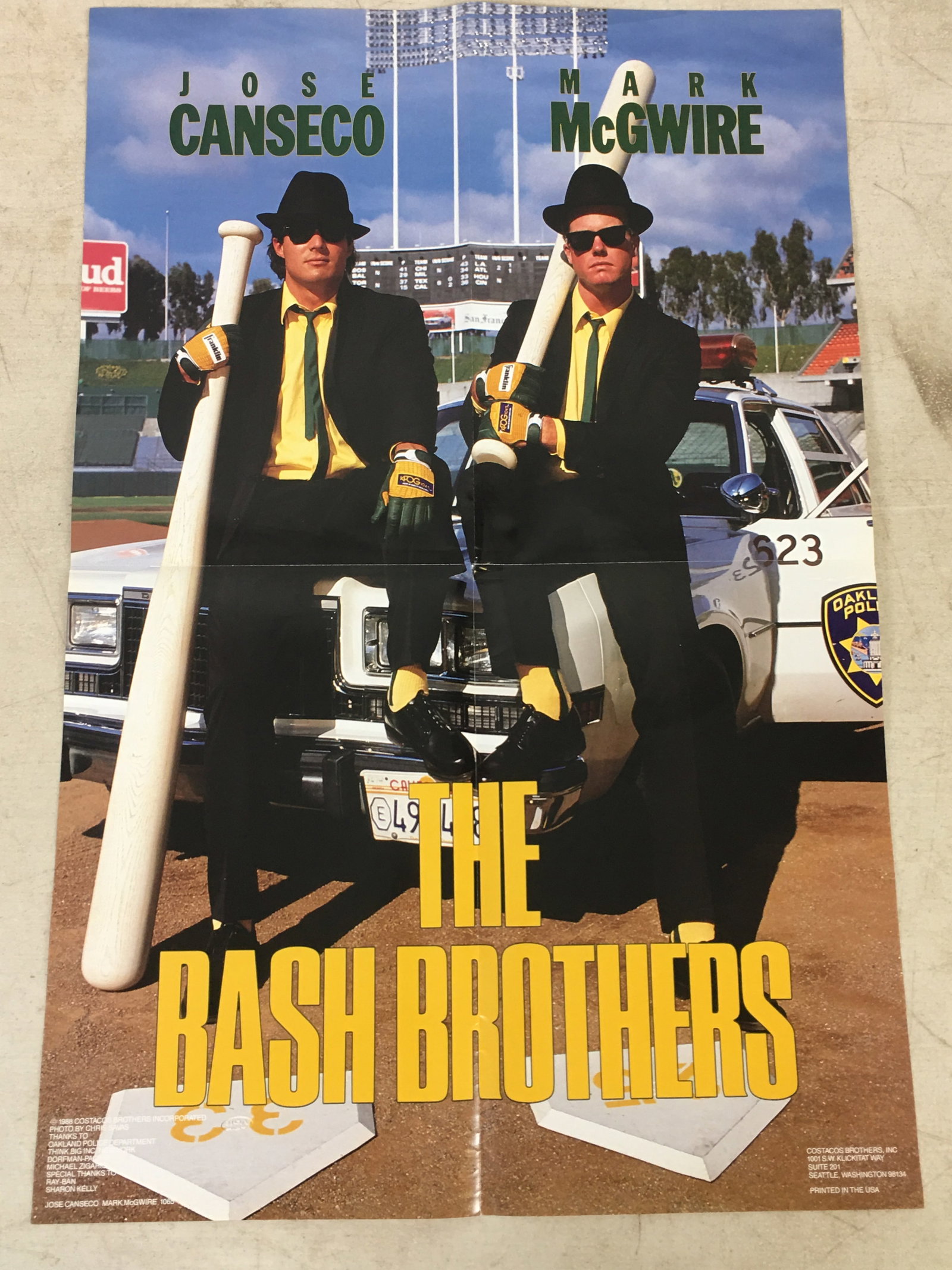 (2) 1988 The Bash Brothers Posters, Jose Canseco, Mark McGwire: (2) 1988 The Bash Brothers Posters, Jose Canseco, Mark McGwire. Printed by Costacos Brothers Inc. 16"x24"