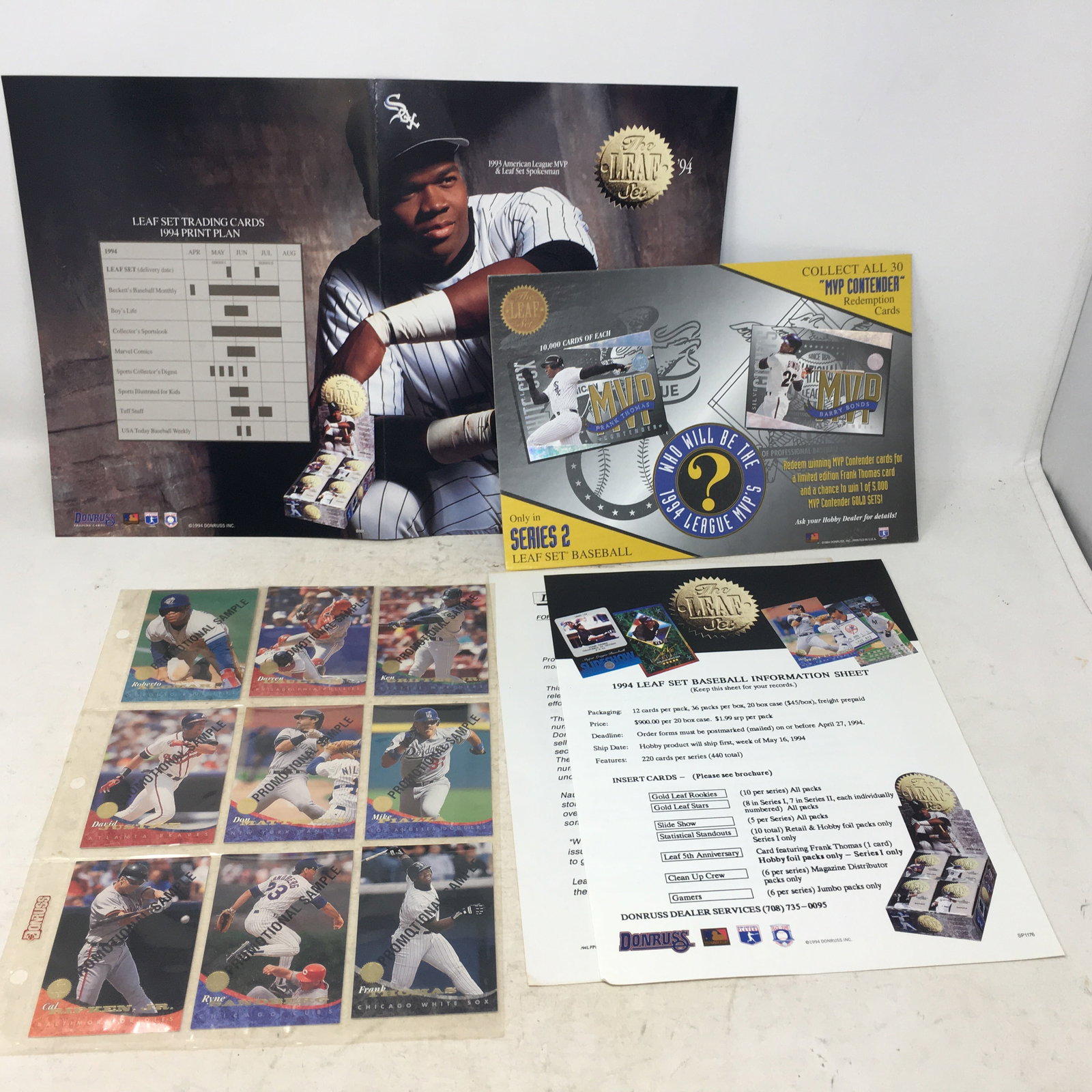 1994 Leaf Series 2 Promotional Group: 1994 Leaf Series 2 Promotional Group, with folder, price sheet, counter stand & (9) promo cards incl. Ken Griffey Jr.