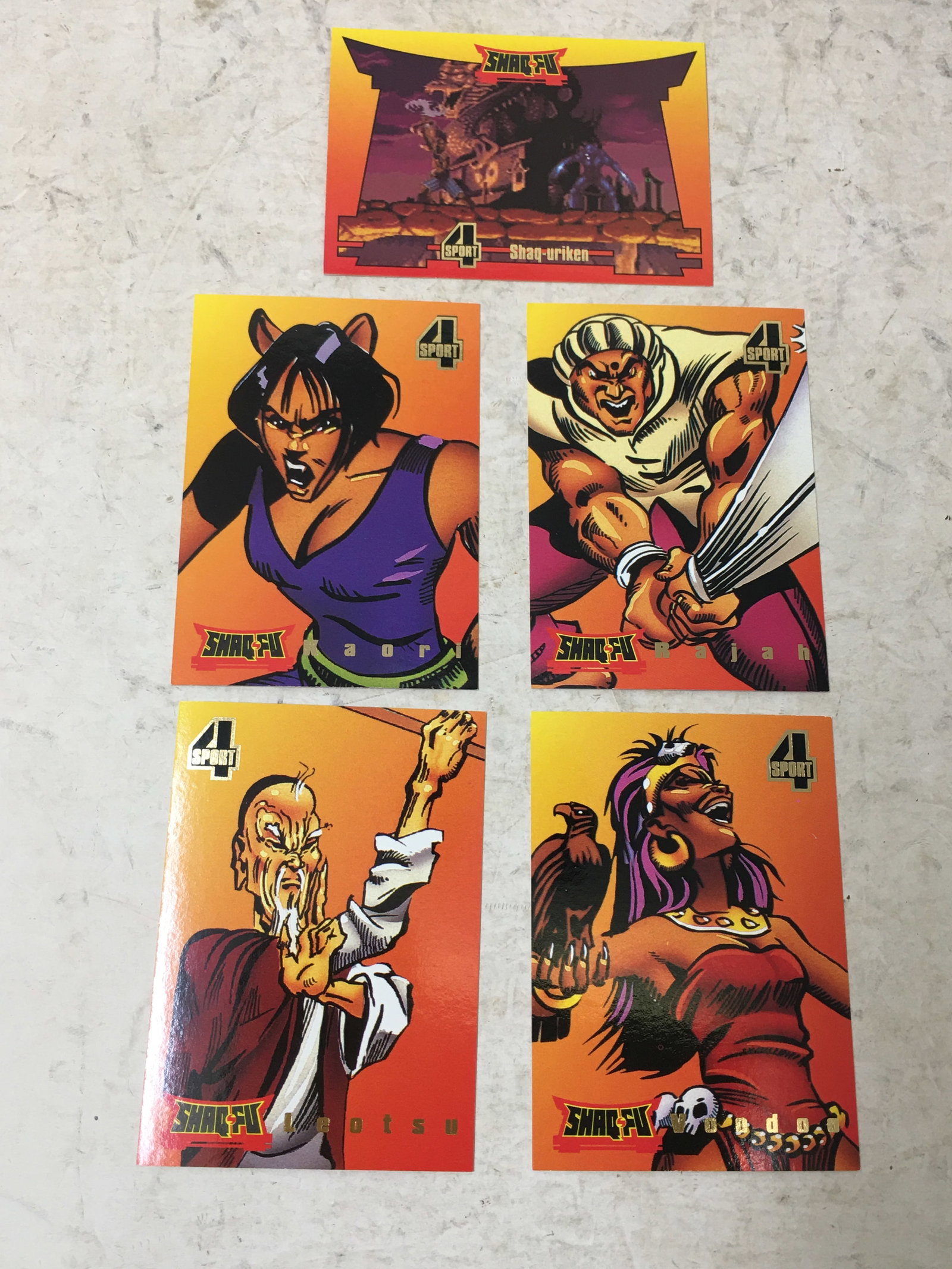 (5) 1994 Classic Four-Sport Shaq-Fu Cards: (5) 1994 Classic Four-Sport Shaq-Fu Cards. SF2 Kaori; SF3 Voodoo, SF4 Rajah, SF9 Leotsu; SF13 Shaq-uriken.