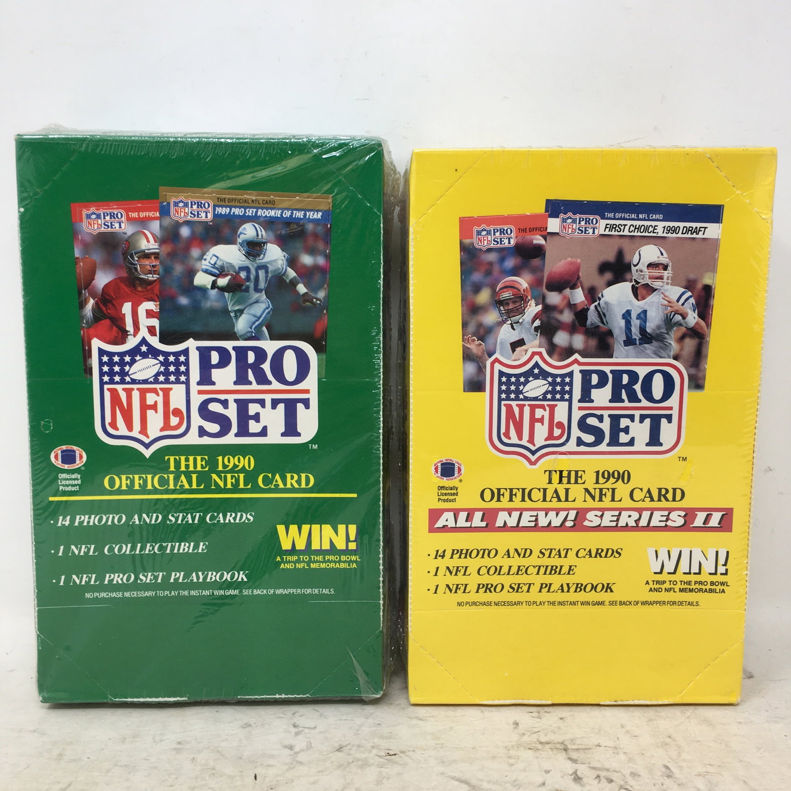 1990 NFL Pro Set Series 1 & 2, Sealed Boxes: 1990 NFL Pro Set Football Cards, Series 1 & 2, Sealed Boxes, Series 1 box (green) has torn area to seal.