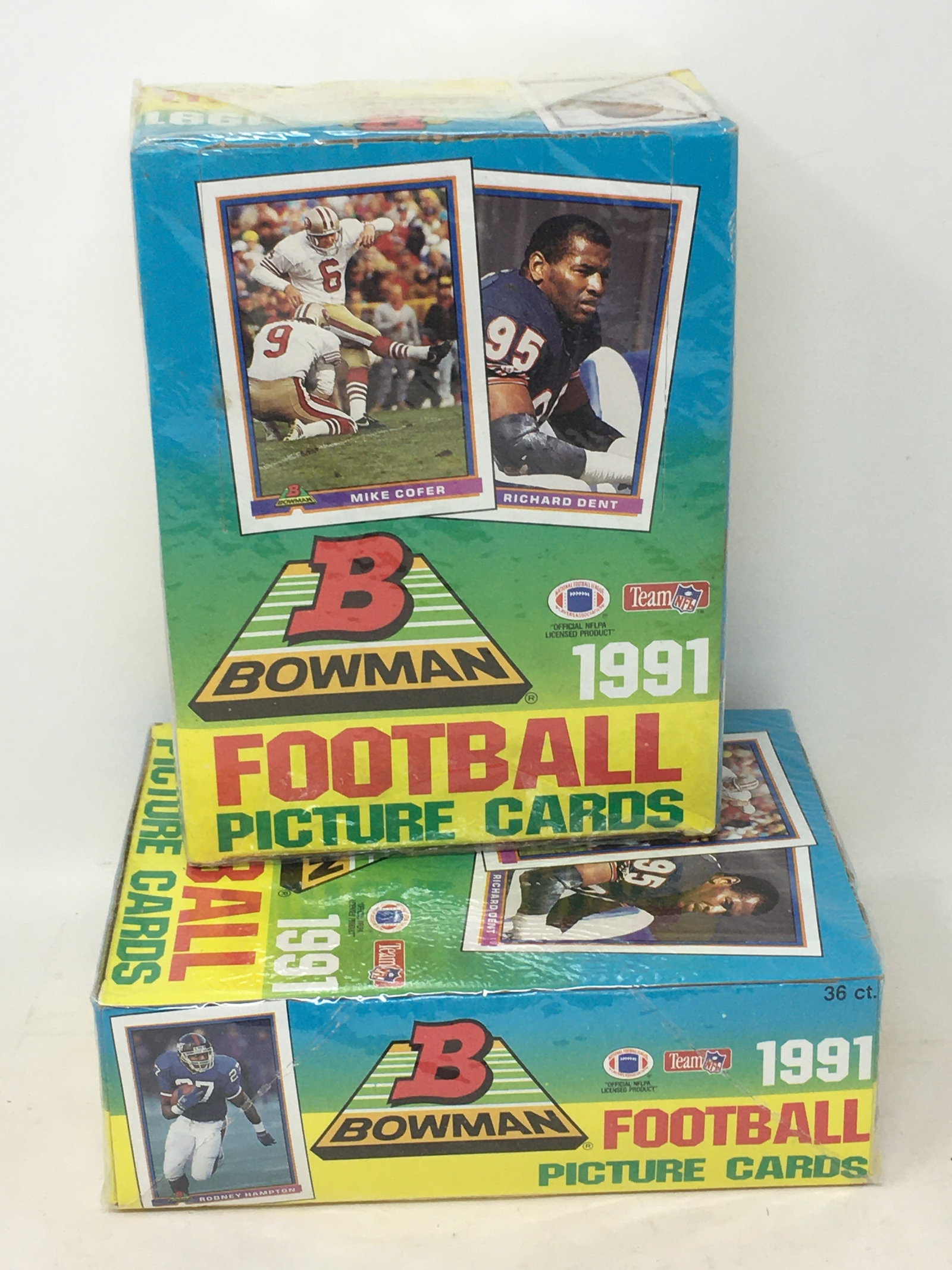 1991 Bowman NFL Football Picture Cards, (2) Sealed Boxes: 1991 Bowman NFL Football Picture Cards, (2) Sealed Boxes, 36 Packs/Box. One box has area of torn seal.
