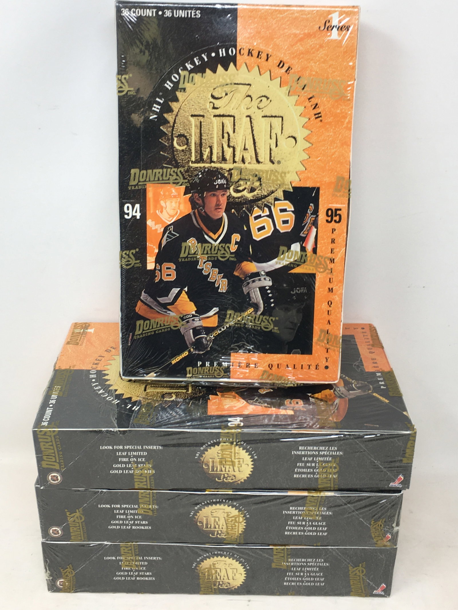 1994-95 NHL Hockey Donruss The Leaf Set, Series 1, (4) Sealed Boxes: 1994-95 NHL Hockey Donruss The Leaf Set, Series 1, (4) Sealed Boxes, 36 Packs/Box. One seal has torn area.