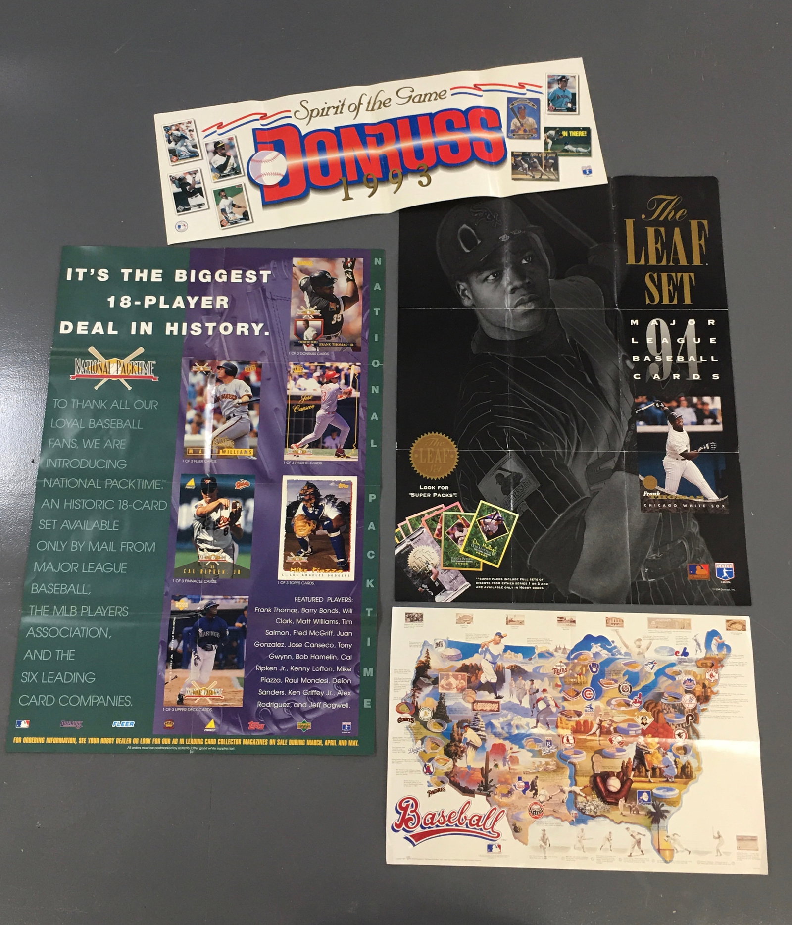 (4) 1990s MLB Promotional Posters.: (4) 1990s MLB Promotional Posters. Factory promo posters incl. 1992 Donruss Spirit of the Game; 1994 Donruss The Leaf Set featuring Frank Thomas; National Packtime, featuring the 6 leading card compan