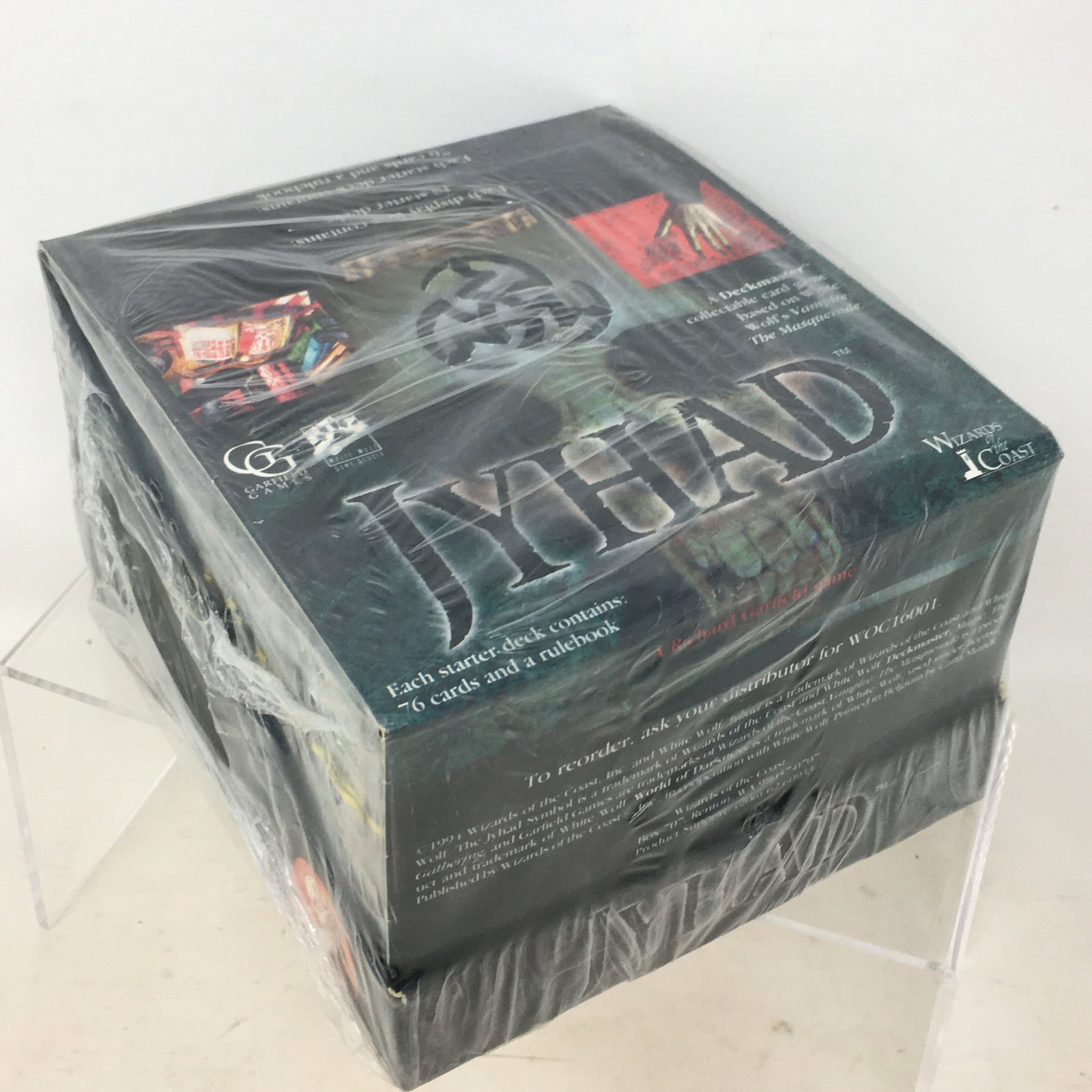 1994 Deckmaster Jyhad Starter Deck Box (10 Decks/Box), Factory Sealed: 1994 Deckmaster Jyhad Wizards of the Coast Starter Deck Box (10 Decks/Box), Factory Sealed. Each deck contains 76 cards and rulebook.