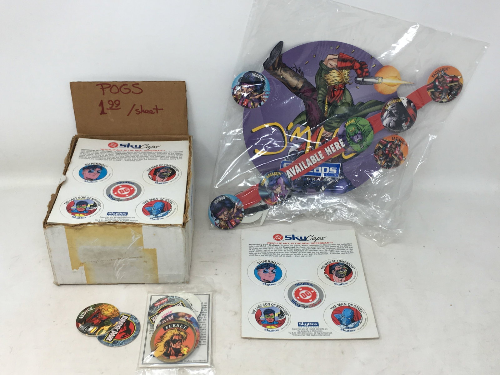 1993 Skybox DC Comics Skycaps & Jim Lee Hanging Promo: 1993 Skybox DC Comics Skycaps Pogs, approx. 48 sheets, with NOS 1993 Jim Lee Promotional Skycaps Hanging Mobile