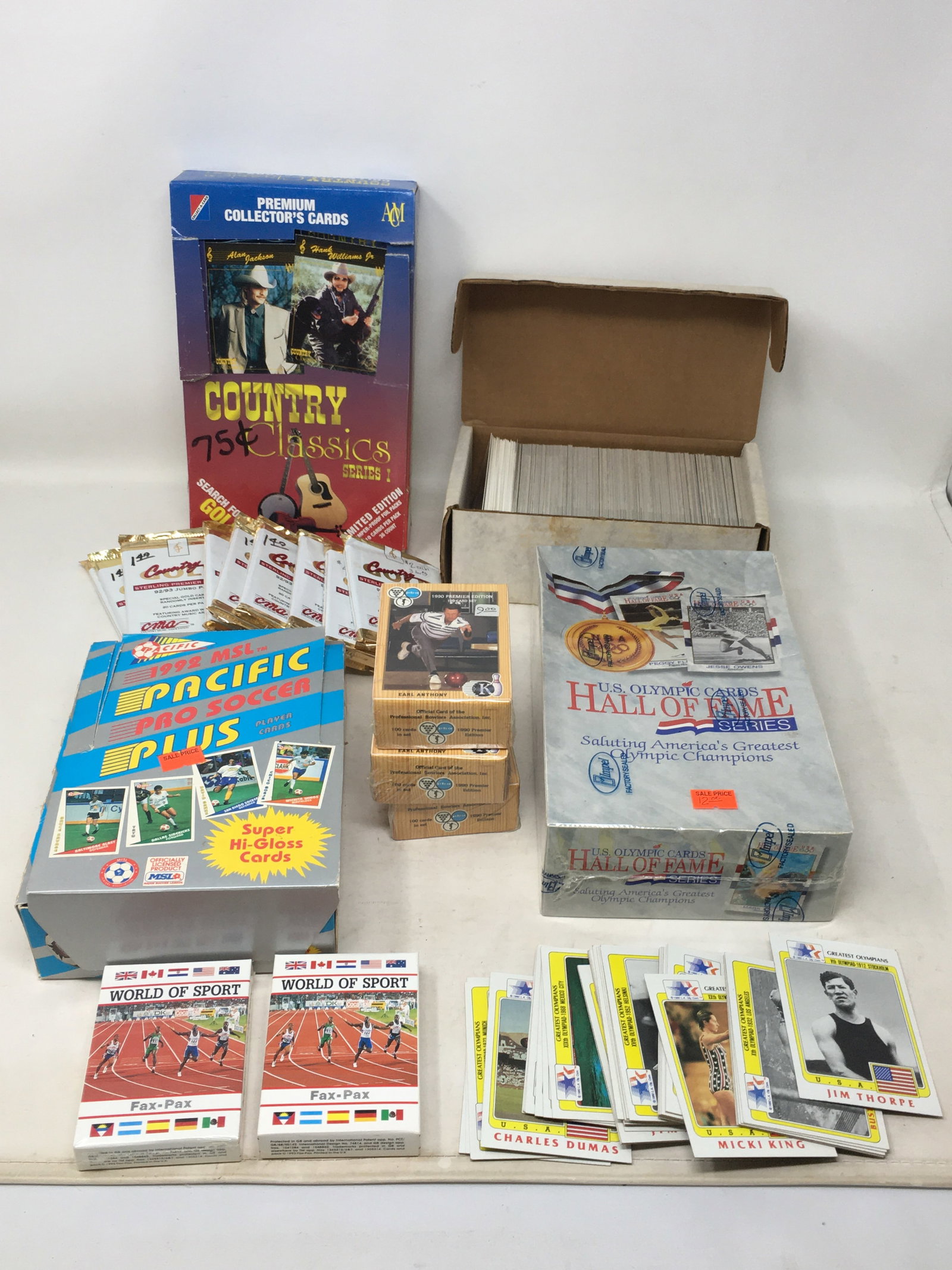 Misc. Group of Trading & Sports Cards: Misc. Group of Trading & Sports Cards. Incl. full box of (36) unopened packs, 1992 Pacific Plus MSL Pro Soccer; (3) sealed 1990 Kingpins 100-card bowling sets; 1983 & 1992 USA Olympian cards; 1991 Imp
