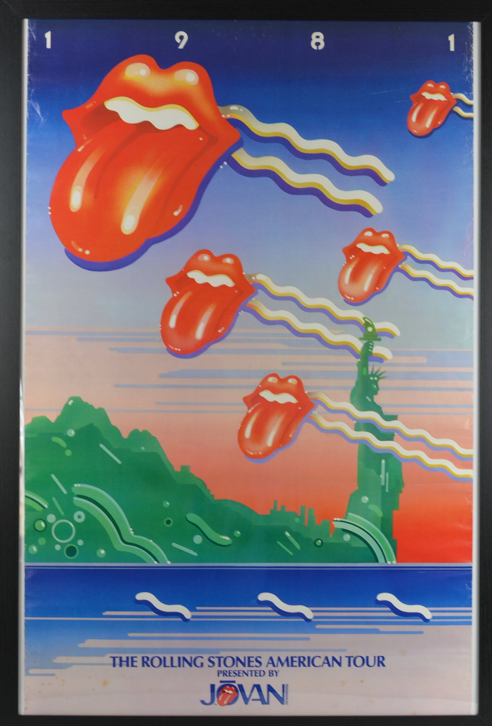 Rolling Stones American Tour Poster - 1981 - Tongue & Lips Logo: Original poster for The Rolling Stones' 1981 American Tour, featuring multiple variations of the iconic tongue and lips logo soaring across a stylized sky with gradient sunset tones. Includes Statue o