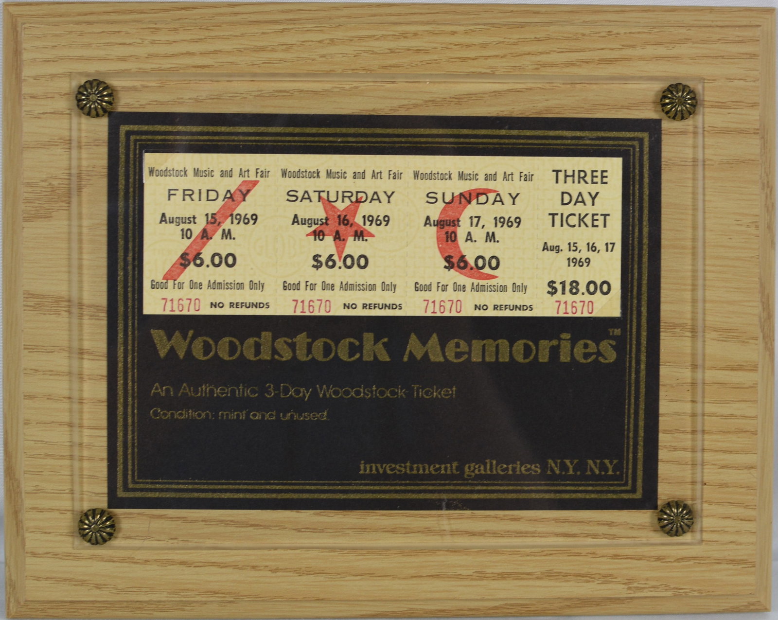 Woodstock 1969 Three-Day Ticket Display Plaque (1 of 3)
