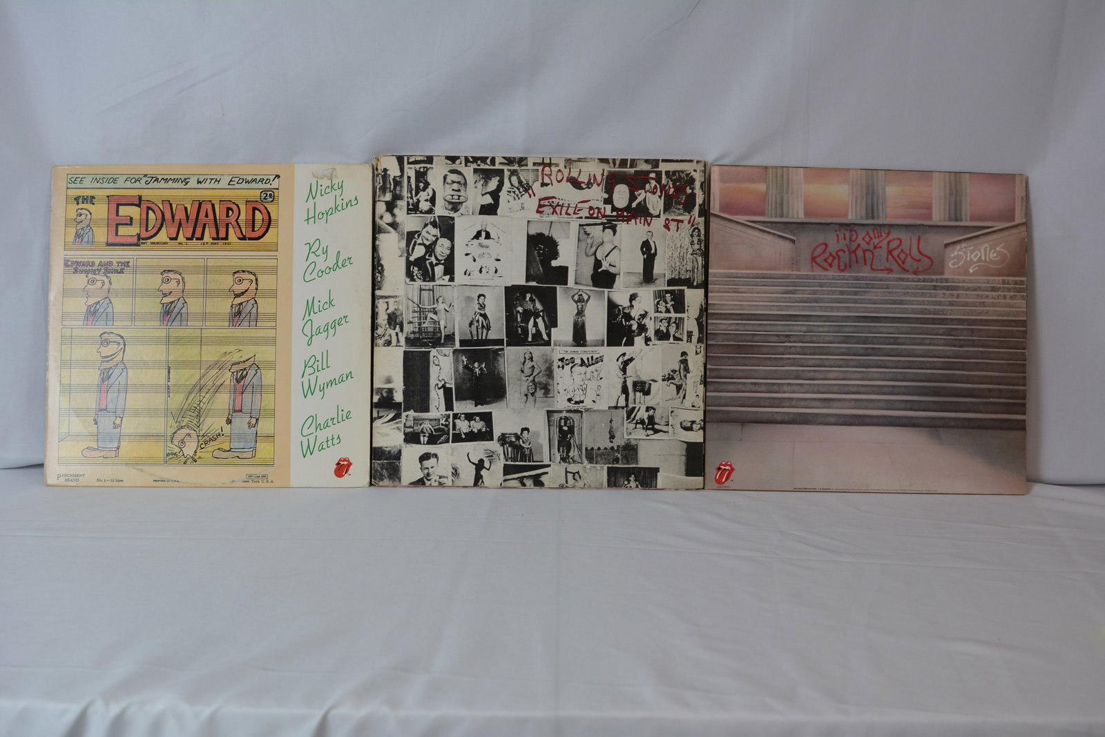 Rolling Stones Vintage Vinyl LP Collection - Exile on Main St., Jamming With Edward & It's Only Rock: Vintage Rolling Stones vinyl LP collection featuring several classic albums and collaborations from the late 1960s and 1970s. Includes original Rolling Stones Records pressings with iconic tongue labe