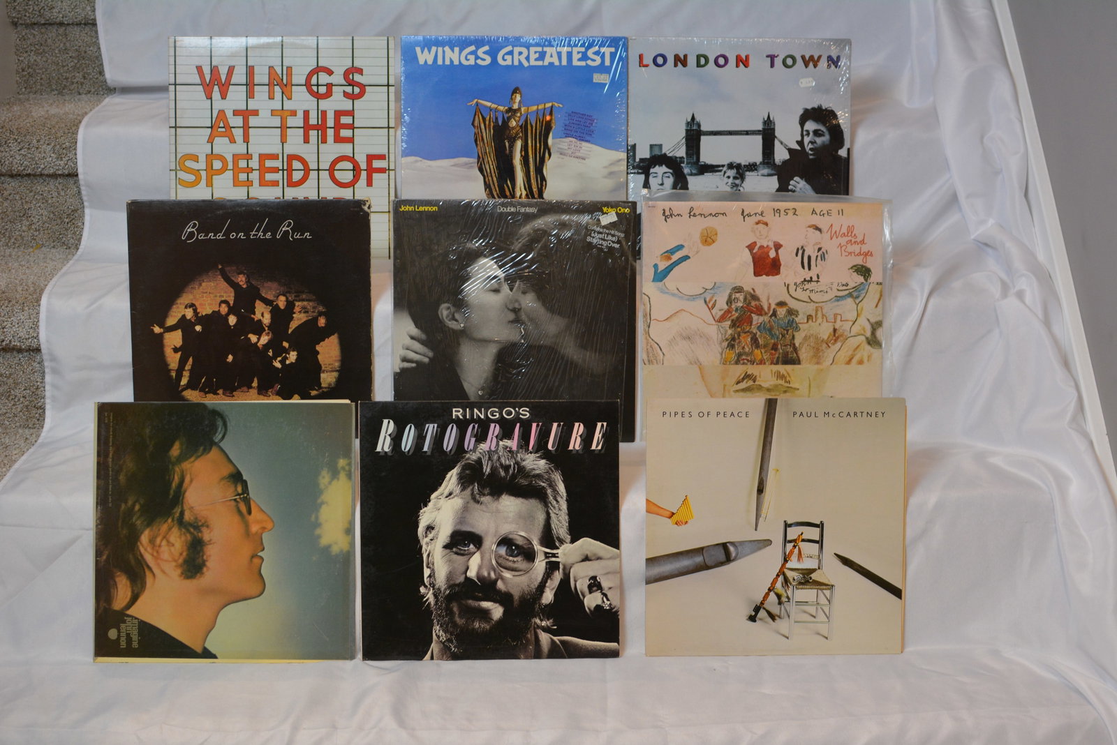 Wings, Paul McCartney, John Lennon & Ringo Starr Vinyl LP Record Collection: Vintage Beatles-related vinyl record collection featuring albums from Wings, Paul McCartney, John Lennon, and Ringo Starr. Nice mix of classic rock LPs from former Beatles members with several popular