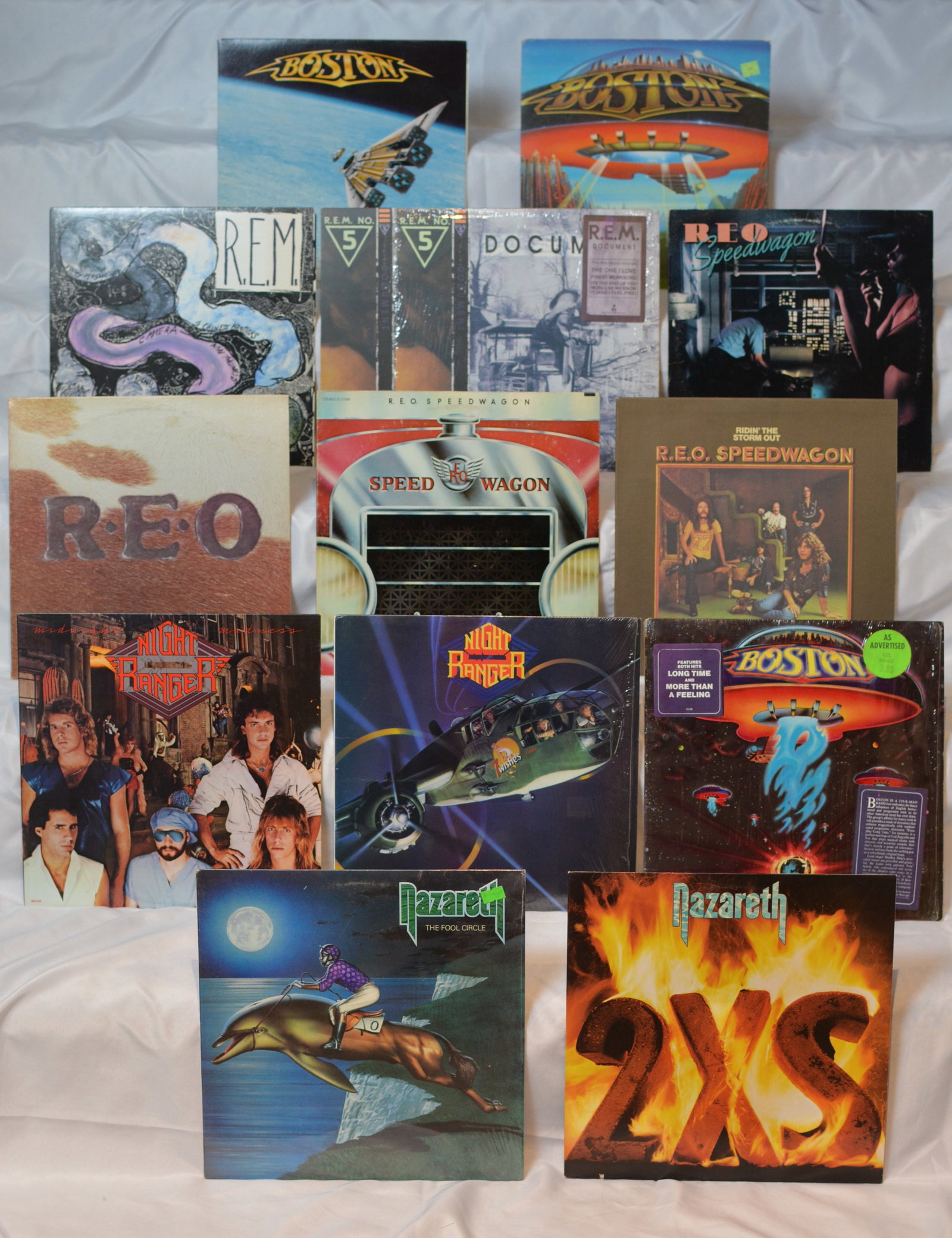 Vintage Rock Vinyl LP Lot Boston, R.E.M., REO Speedwagon, Night Ranger, Nazareth: Large mixed vintage rock vinyl collection featuring classic arena rock, hard rock, and alternative rock albums from Boston, R.E.M., REO Speedwagon, Night Ranger, and Nazareth. Great assortment of reco
