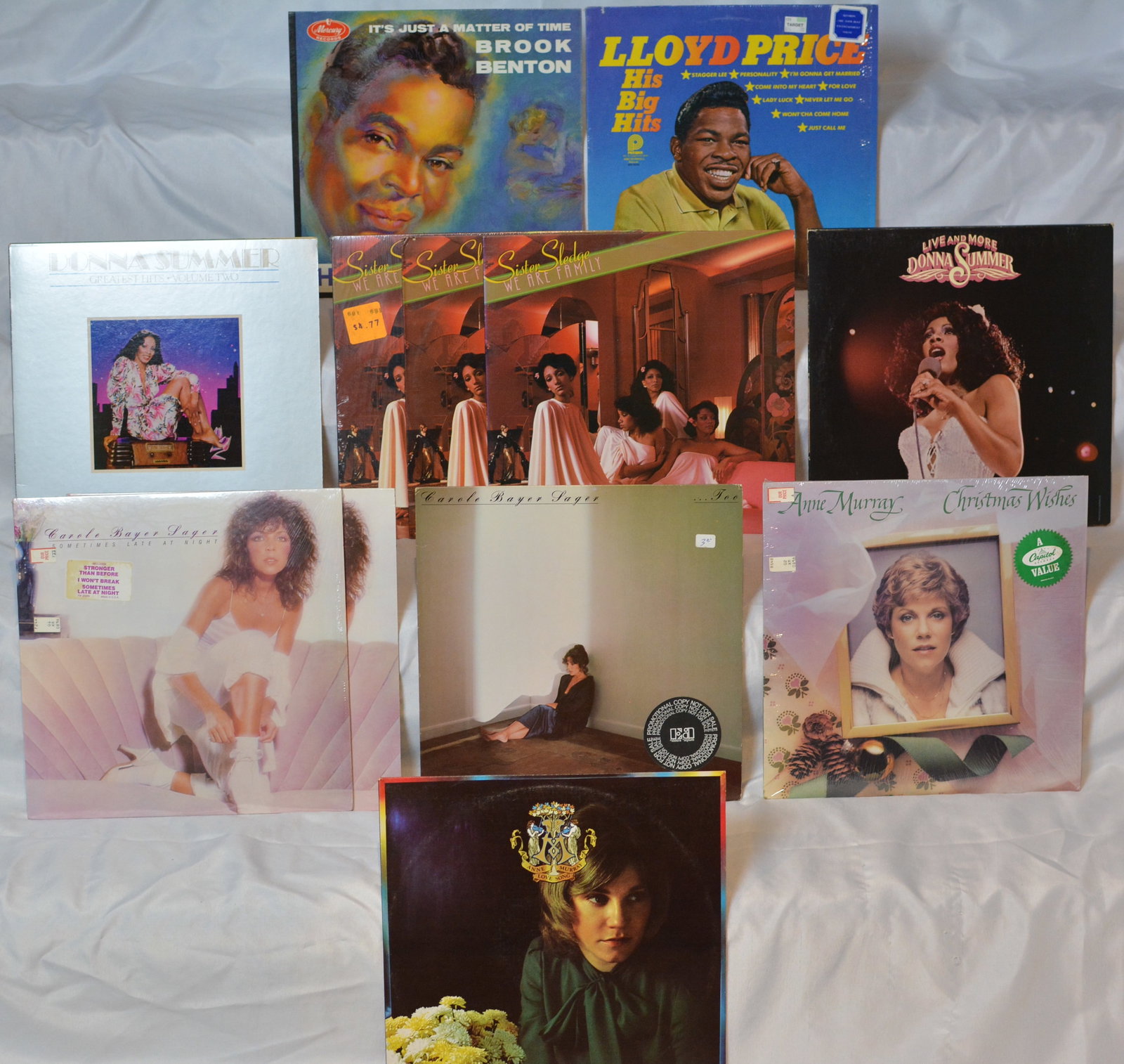 Vintage Pop & Soul Vinyl LP Lot ? Donna Summer, Sister Sledge, Carole Bayer Sager: Vintage pop, disco, and soul vinyl LP collection featuring albums from Donna Summer, Sister Sledge, Carole Bayer Sager, Brook Benton, Lloyd Price, Anne Murray, and more. Nice mix of classic disco, R&B