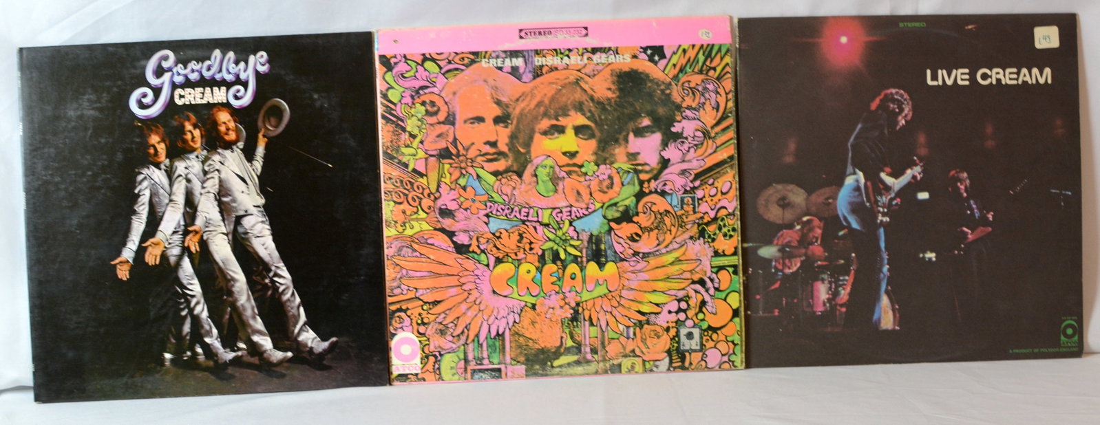 Vintage Cream Vinyl LP Lot ? Disraeli Gears, Goodbye Cream, Live Cream Classic Rock Albums: Vintage Cream vinyl LP collection featuring classic psychedelic rock and blues rock albums from the legendary supergroup featuring Eric Clapton, Jack Bruce, and Ginger Baker. Excellent lot for collect