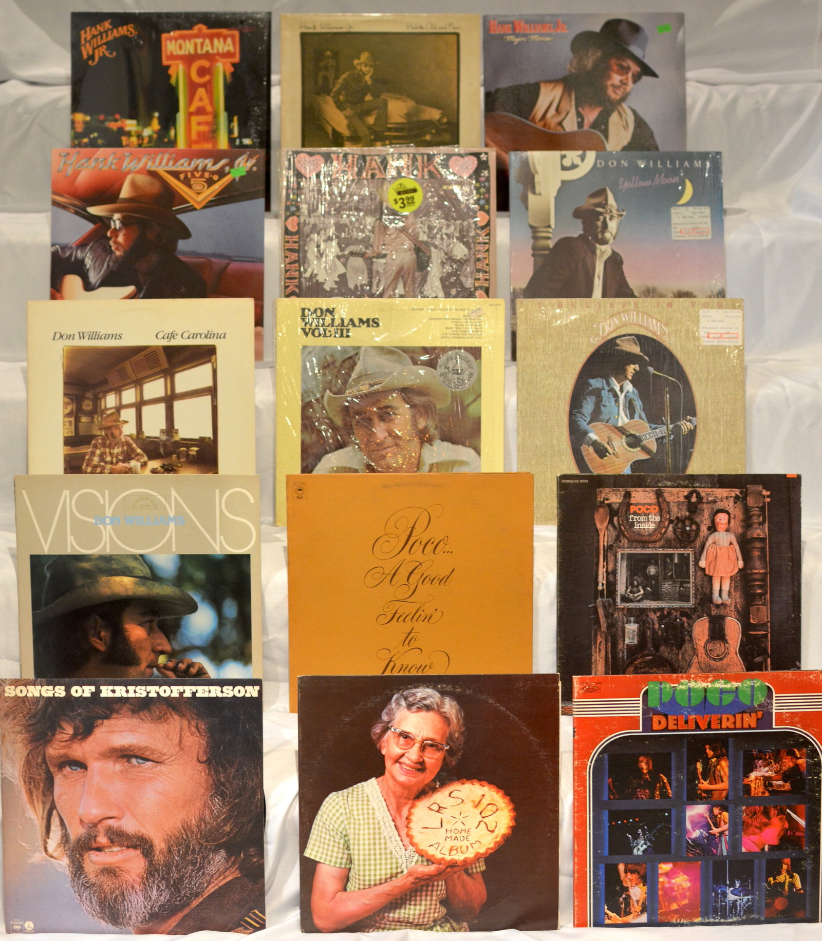 Country & Country Rock Vinyl LP Lot ? Don Williams, Hank Williams Jr., Poco, Kris Kristofferson &: Vintage vinyl LP collection featuring classic country, outlaw country, country rock, and Americana favorites from the 1970s and 1980s.Artists/titles visible include:Don Williams ? multiple albums incl