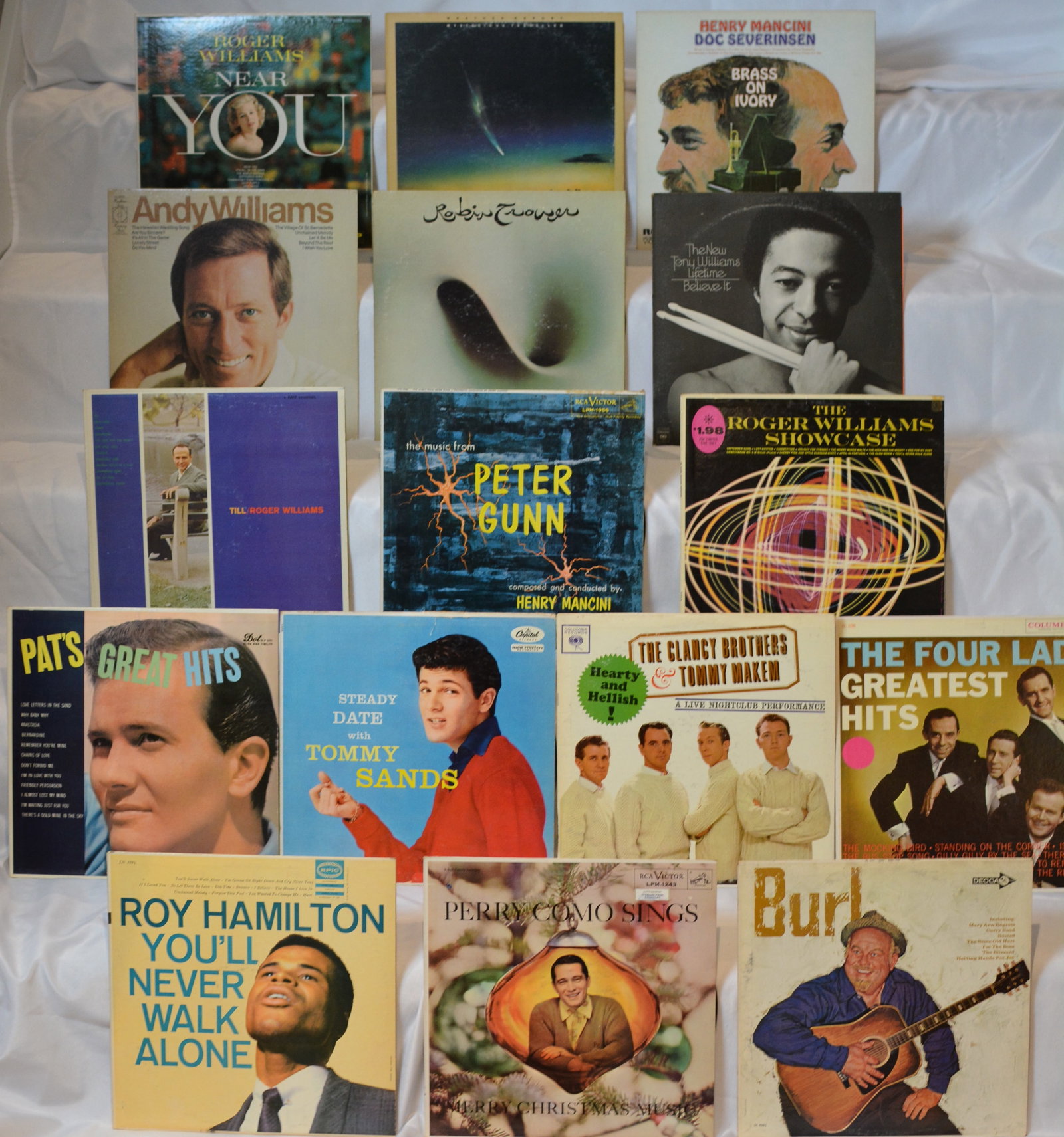 Vintage Easy Listening & Pop Vinyl LP Lot ? Roger Williams, Andy Williams, Henry Mancini, Perry Como: Collection of vintage easy listening, pop vocal, instrumental, lounge, and traditional pop vinyl LPs featuring well-known artists from the 1950s?1980s.Artists/titles visible include:Roger Williams ? N