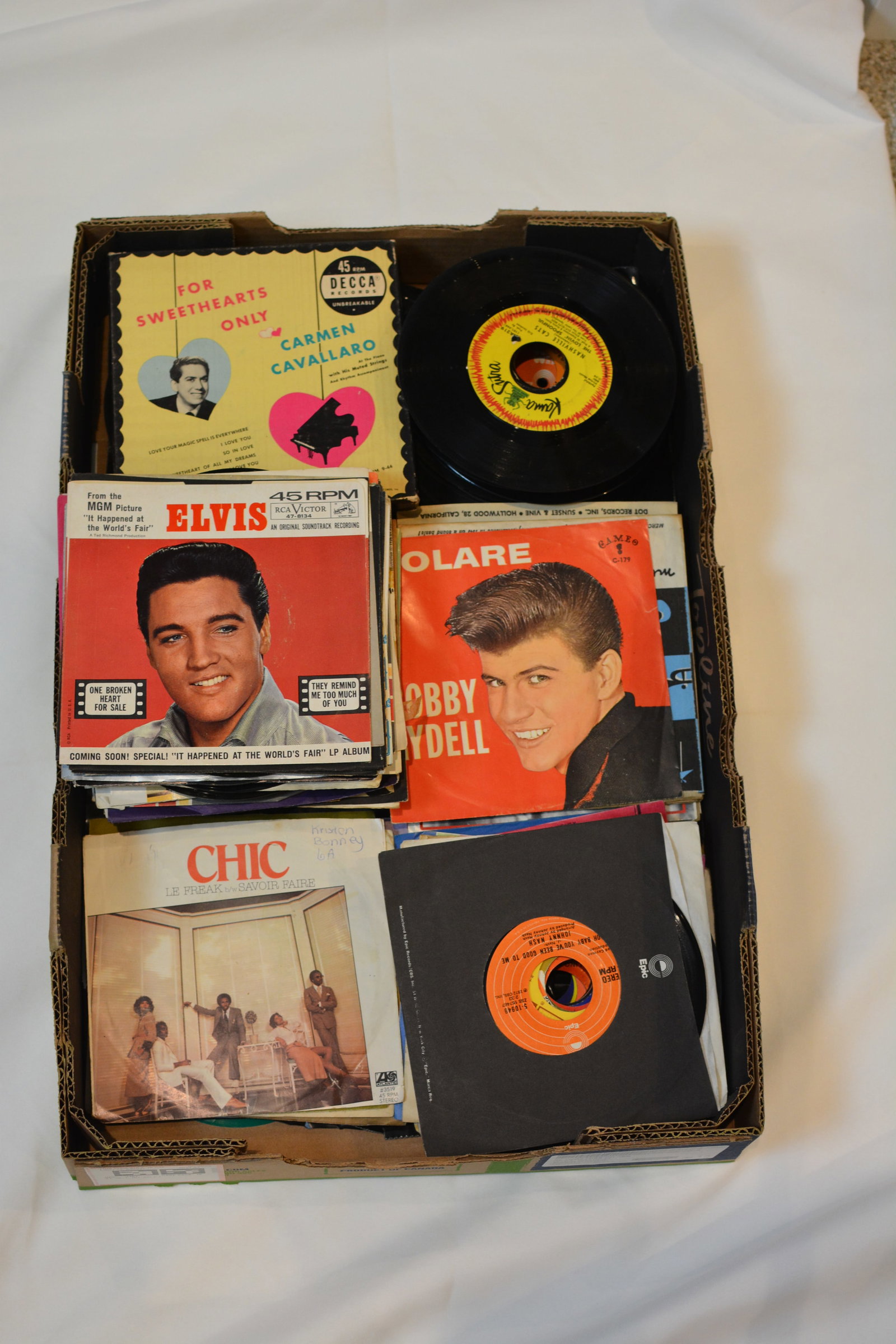 Vintage 45 RPM Record Lot ? Elvis Presley, Bobby Rydell, Chic & More Singles with Sleeves (1 of 1)