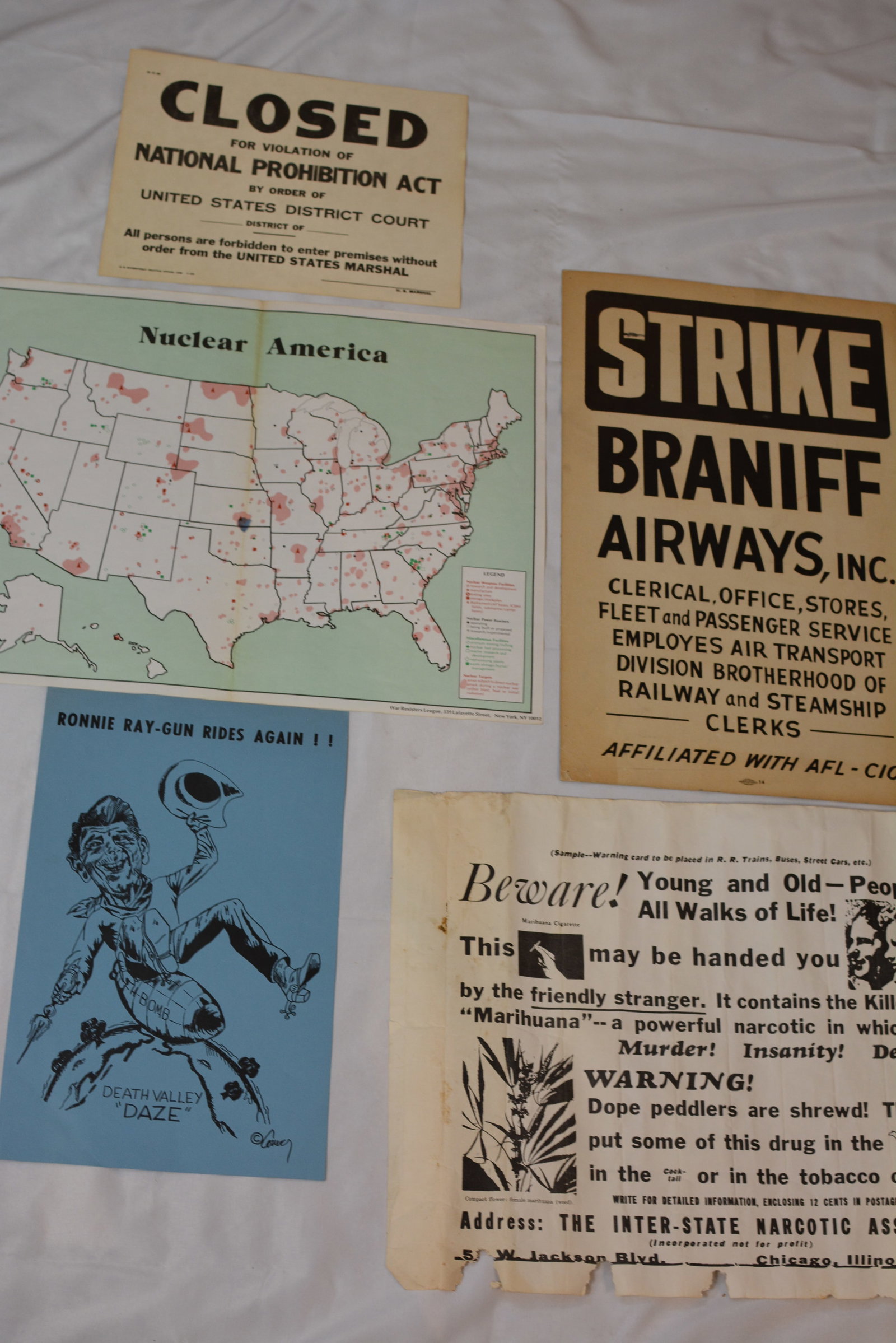 Vintage Political & Labor Protest Ephemera Lot ? Prohibition Notice, Braniff Strike Poster & (1 of 5)