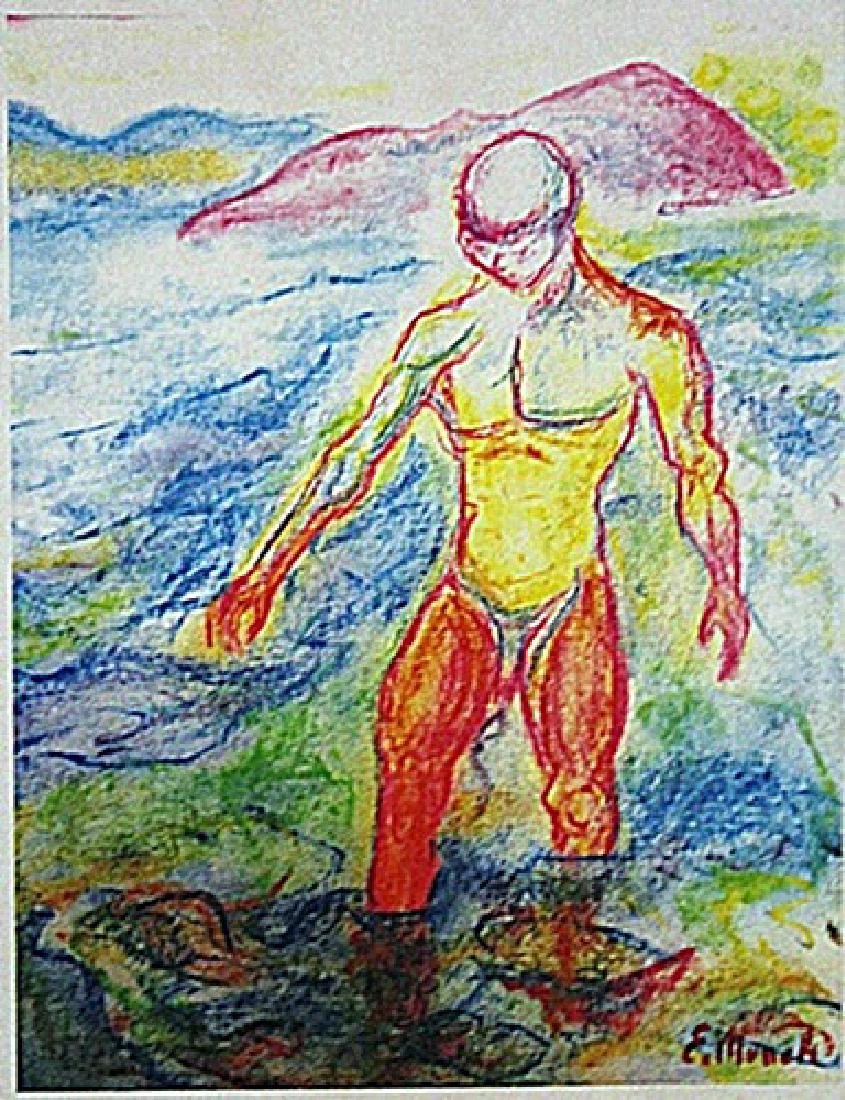 Edvard Munch - Man In The River: In the manner of in the manner of Edvard Munch "Man In The River" pastel on paper circa. 1929, private collection approx. 9x11in. in the manner of Edvard Munch was a prolific yet perpetually troubled