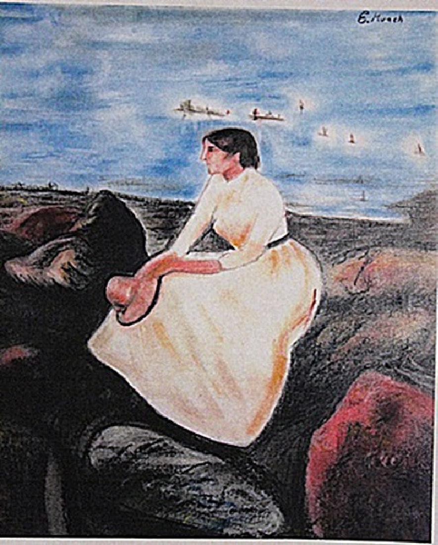 Edvard Munch - Melancholy: in the manner of Edvard Munch "Melancholy" pastel on paper circa. 1910, private collection approx. 19x14in. in the manner of Edvard Munch was a prolific yet perpetually troubled artist preoccupied wit