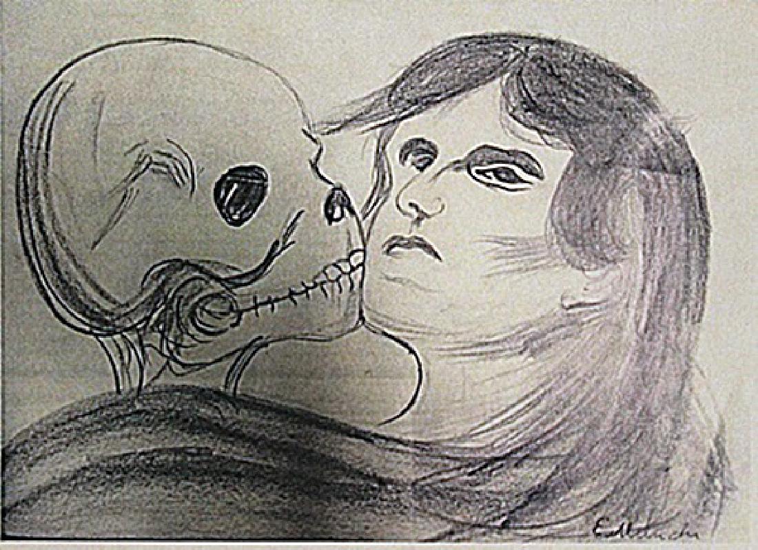 Edvard Munch - The Lovers: in the manner of Edvard Munch "The Lovers " drawing on paper circa. 1920, private collection approx. 12x8in. in the manner of Edvard Munch was a prolific yet perpetually troubled artist preoccupied wi