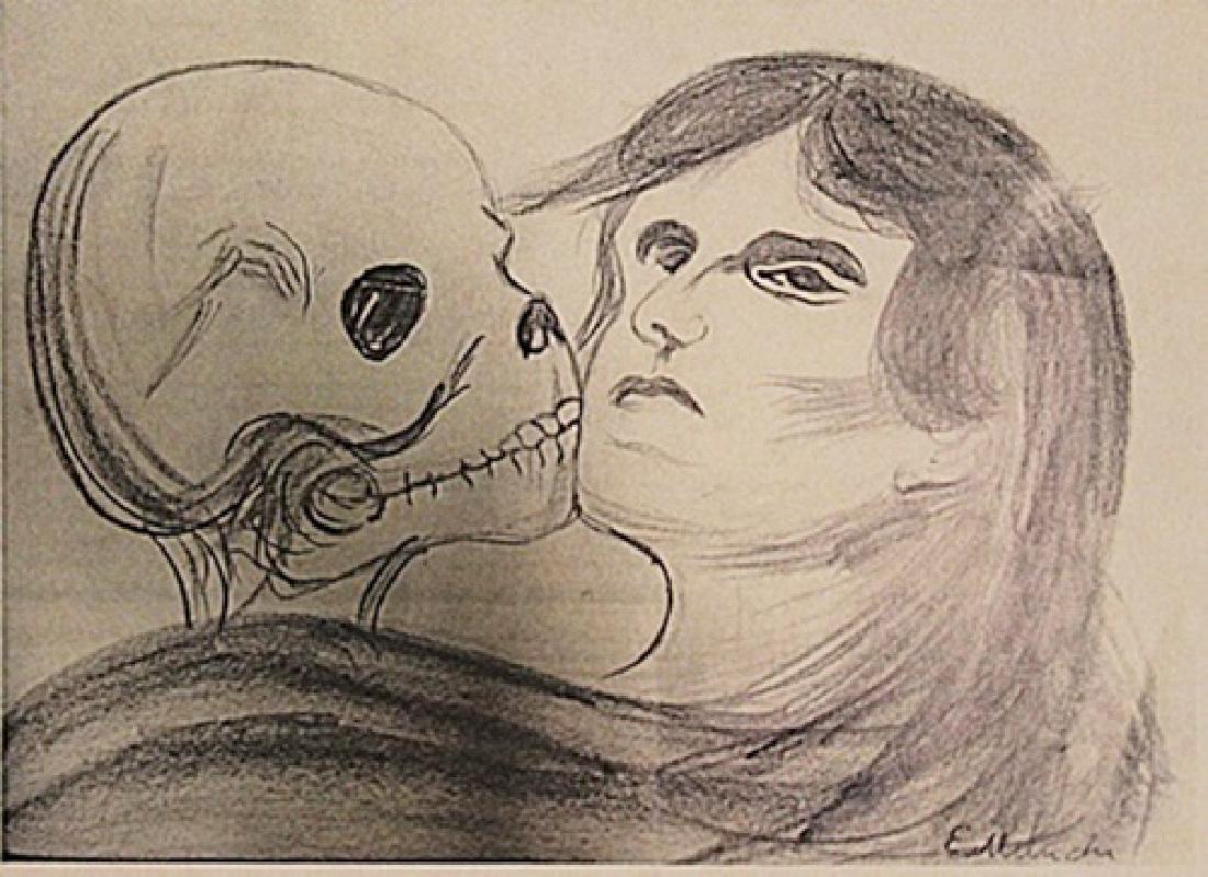 Edvard Munch - The Lovers: in the manner of Edvard Munch "The Lovers " drawing on paper circa. 1920, private collection approx. 12x8in. in the manner of Edvard Munch was a prolific yet perpetually troubled artist preoccupied wi