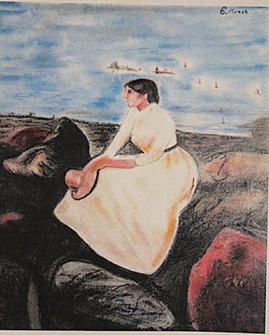 Edvard Munch - Melancholy: in the manner of Edvard Munch "Melancholy" pastel on paper circa. 1910, private collection approx. 19x14in. in the manner of Edvard Munch was a prolific yet perpetually troubled artist preoccupied wit