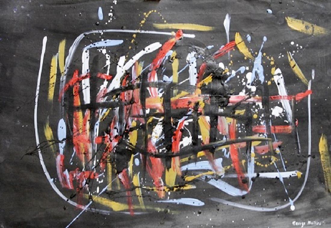 Oil On Paper - Georges Mathieu: Oil on paper in the manner of Georges Mathieu, approx. 19x13 in. Georges Mathieu was a French abstract painter, art theorist and member of the Académie des Beaux-Arts in Paris. He is considered one o