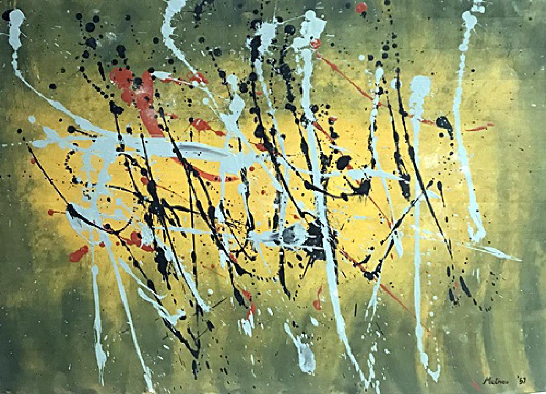 Composition VII - Georges Mathieu - Oil On Paper: Oil on paper by Georges Mathieu, approx. 19x13 in. Georges Mathieu was a French abstract painter, art theorist and member of the Académie des Beaux-Arts in Paris. He is considered one of the fathers