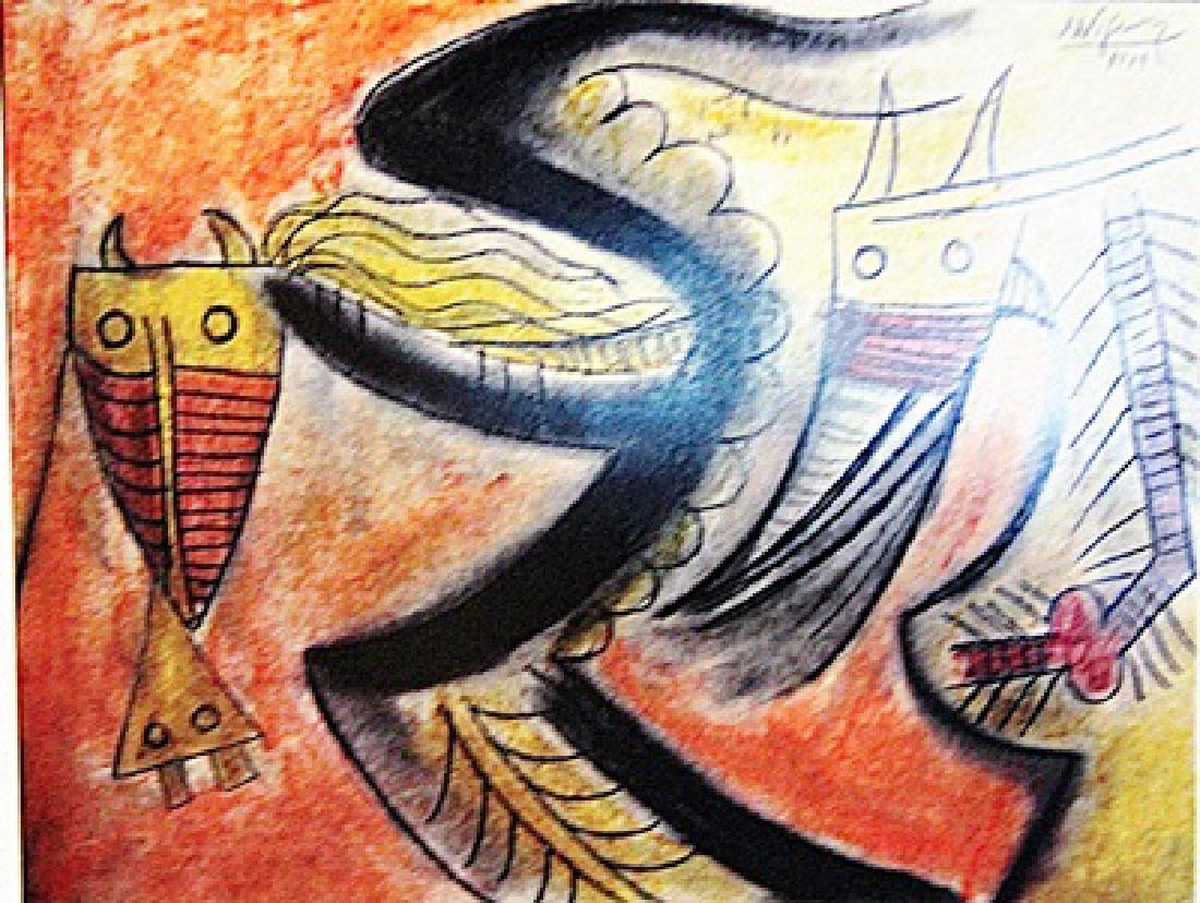 Wifredo Lam - The Birds: Pastel on paper in the manner of Wifredo Lam "The Birds", circa 1979, private collection, unframed dimensions approximately 18x14. in the manner of Wifredo Lam, (born Dec. 8, 1902, Sagua la Grande, Cu