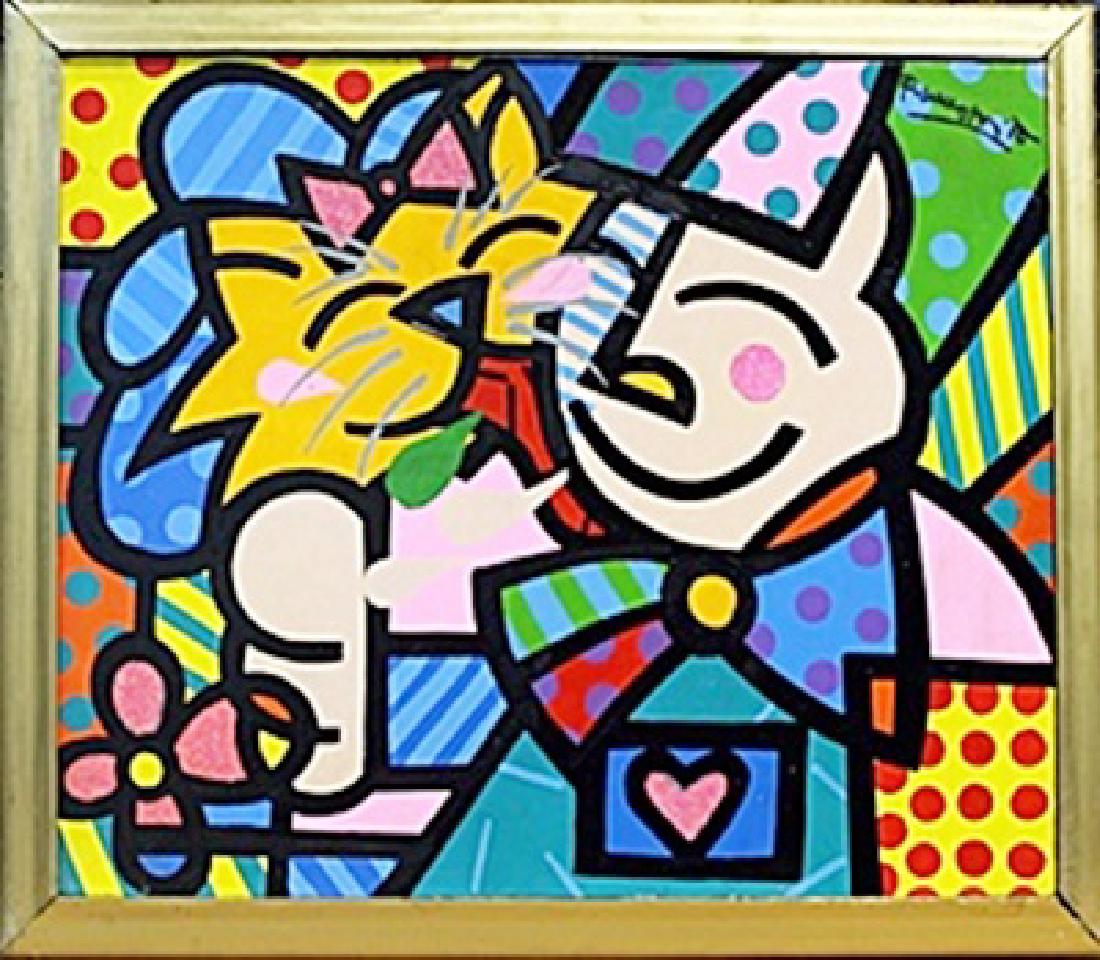 Girl & Cat Oil Painting on Canvas Romero Britto: Framed, Oil Painting , in the manner of Britto, bearing the signature Size Approx.