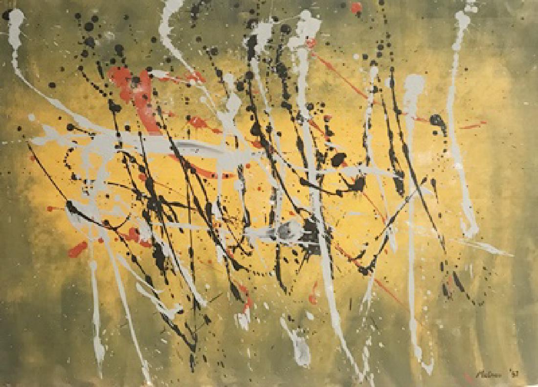 Composition VII - Georges Mathieu - Oil On Paper: Oil on paper by Georges Mathieu, approx. 19x13 in. Georges Mathieu was a French abstract painter, art theorist and member of the Académie des Beaux-Arts in Paris. He is considered one of the fathers