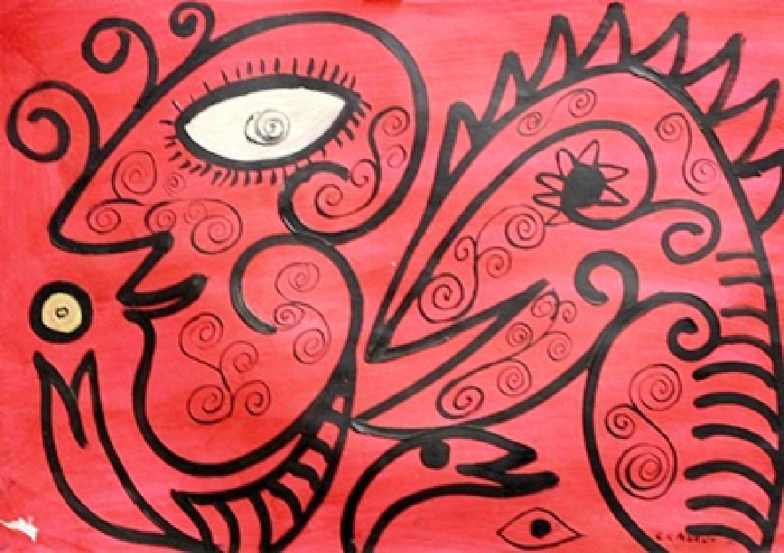 My Dragon - Carl Henning Pedersen - Oil On Paper: Oil on paper by Carl Henning Pedersen, approx. 19x13 in. Carl-Henning Pedersen was a Danish painter and a key member of the COBRA movement. He was known as the "Scandinavian Chagall", and was one of t