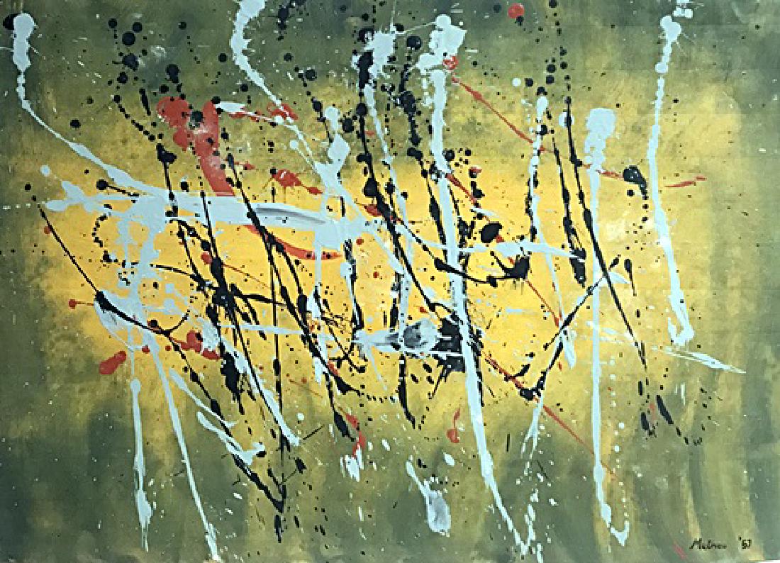 Composition VII - Georges Mathieu - Oil On Paper: Oil on paper by Georges Mathieu, approx. 19x13 in. Georges Mathieu was a French abstract painter, art theorist and member of the Académie des Beaux-Arts in Paris. He is considered one of the fathers