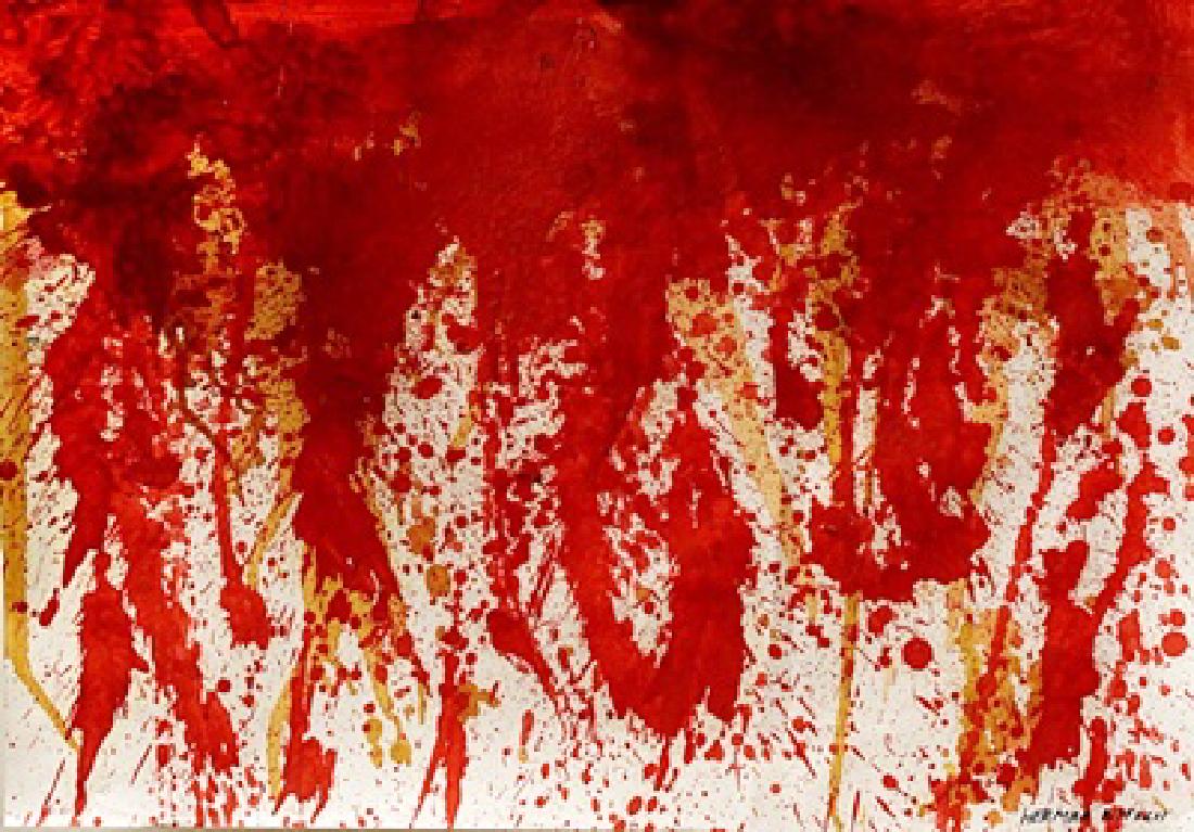 My Blood - Hermann Nitsch - Oil On Paper: Oil on paper by Hermann Nitsch, approx. 19x13 in. Hermann Nitsch is an Austrian avant-garde artist who works in experimental and multimedia modes. Born in Vienna, Nitsch received training in painting