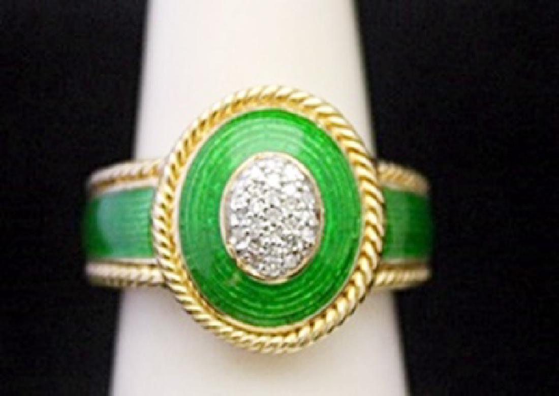 Gorgeous 14kt over Silver Ring with Emerald Enamel &: Gorgeous 14kt over Silver Ring with Emerald Enamel & Diamonds (80J) Diamonds twt approx. .60 VS1 Color G.