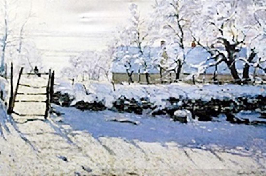 Giclee on Canvas "Magpie" Claude Monet: Authentic giclee on Canvas, signed , Approx. 27" x 42" In.